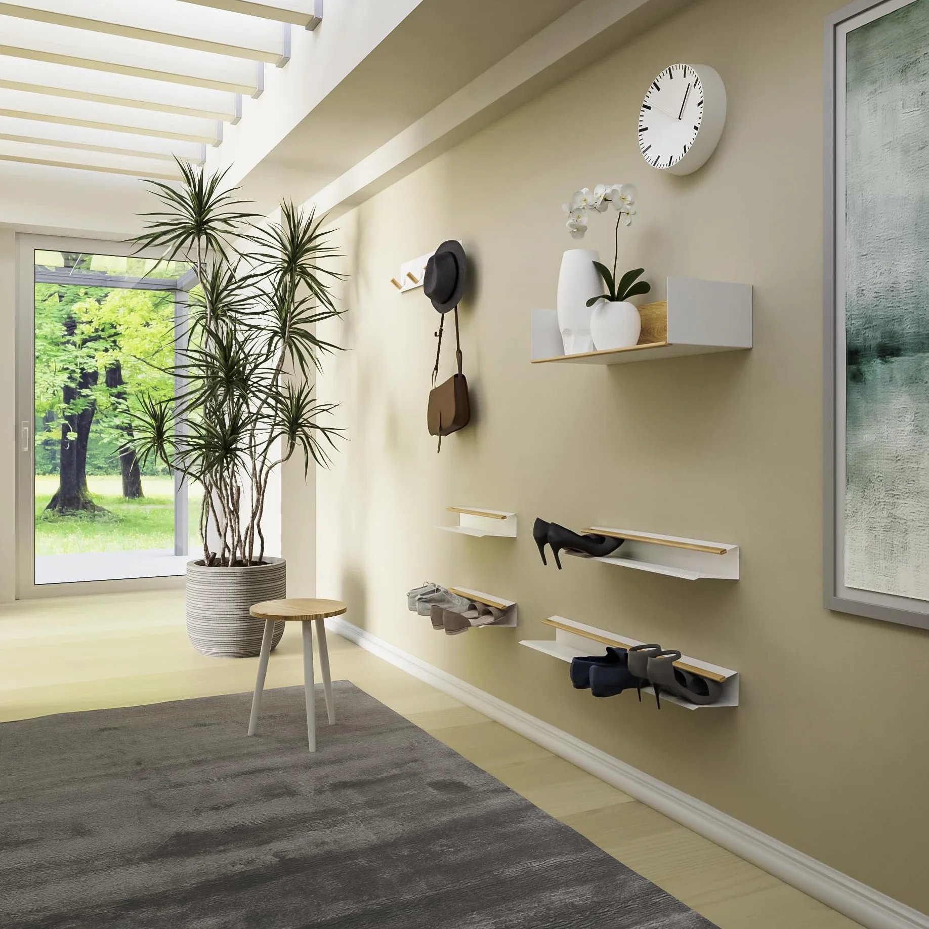 Armore Paar Schuhregale, 2er-Pack, modern, platzsparend, schlank, Wandbehang, Eingangsbereich, Metall, Holz, mit 1 Regal für bis zu 3 Paar Schuhe, schmales starkes offenes Regal (weiß x 2)