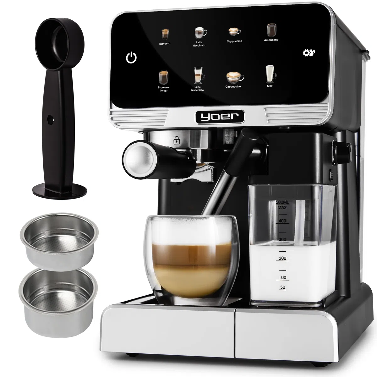 Yoer Kaffeevollautomat mit Milchsystem, Kaffeemaschine, 8 automatische Programme, Touchscreen, 20 bar, 1350W, Milchaufschäumer, Espresso, Cappuccino & Latte, 2-Tassen-Funktion, Creamo EMF03BK, schwarz