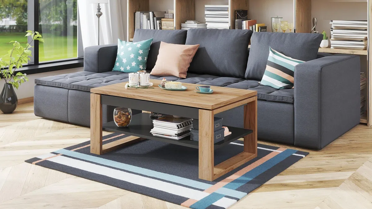 designimpex Design Couchtisch Multifunktion Arbeitstisch Tisch Nuo Ablage Esstisch, Farbe:Eiche Gold - Anthrazit matt