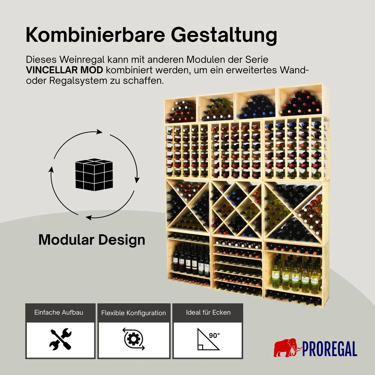 PROREGAL Modulares Weinregal VINCELLAR MOD | HxBxT 30x12x30cm | Schmal Modul für 3 Flaschen | Massives Kiefernholz | Braun geölt | Weinhalter Weinständer Flaschenständer Flaschenregal Holzregal