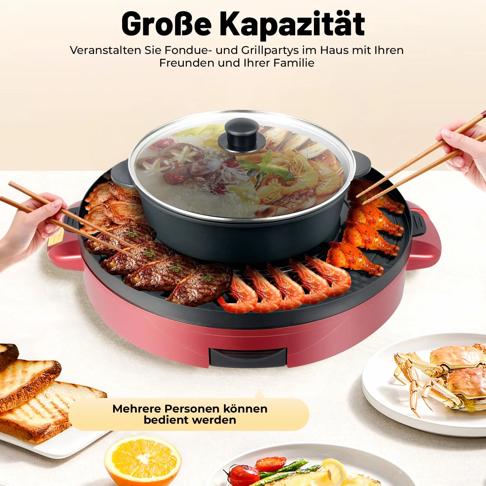 2200W Hot Pot Elektrisch Hotpot Topf 220V Elektrogrill 2 in 1 Multifunktion Elektrische Grill Hot pot mit Abnehmbar Kochplatte, Elektrische Hot Pots für Wohnheim Zuhause (Rot)