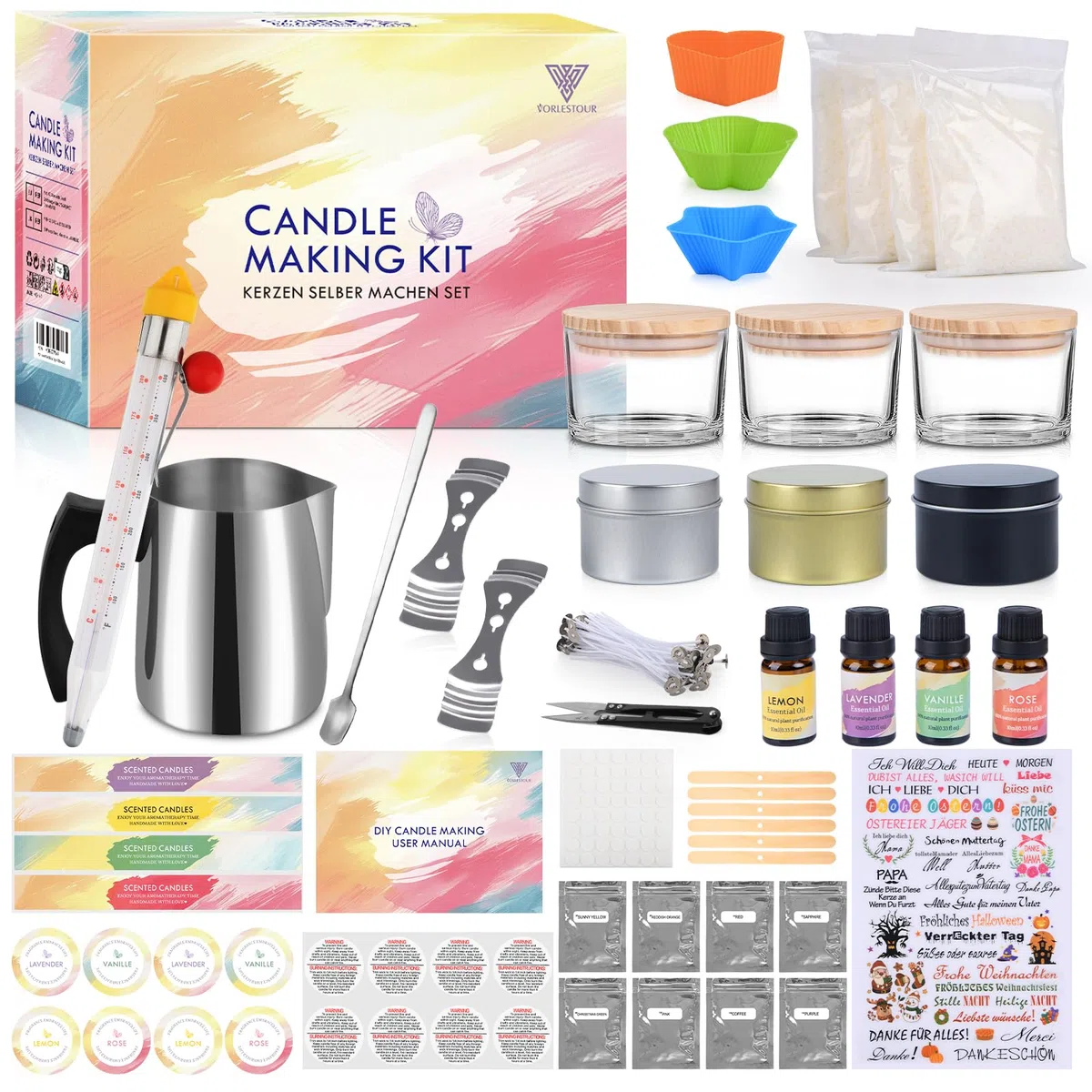 Vorlestour Kerzen Selber Machen Set, 162 Candle Making Kit mit 480g Wachs, Wachsschmelztiegel, Kerzentattoos, 8 Farbstoffen, 4 Düften, DIY Gießen Kerzen für Kinder Erwachsene