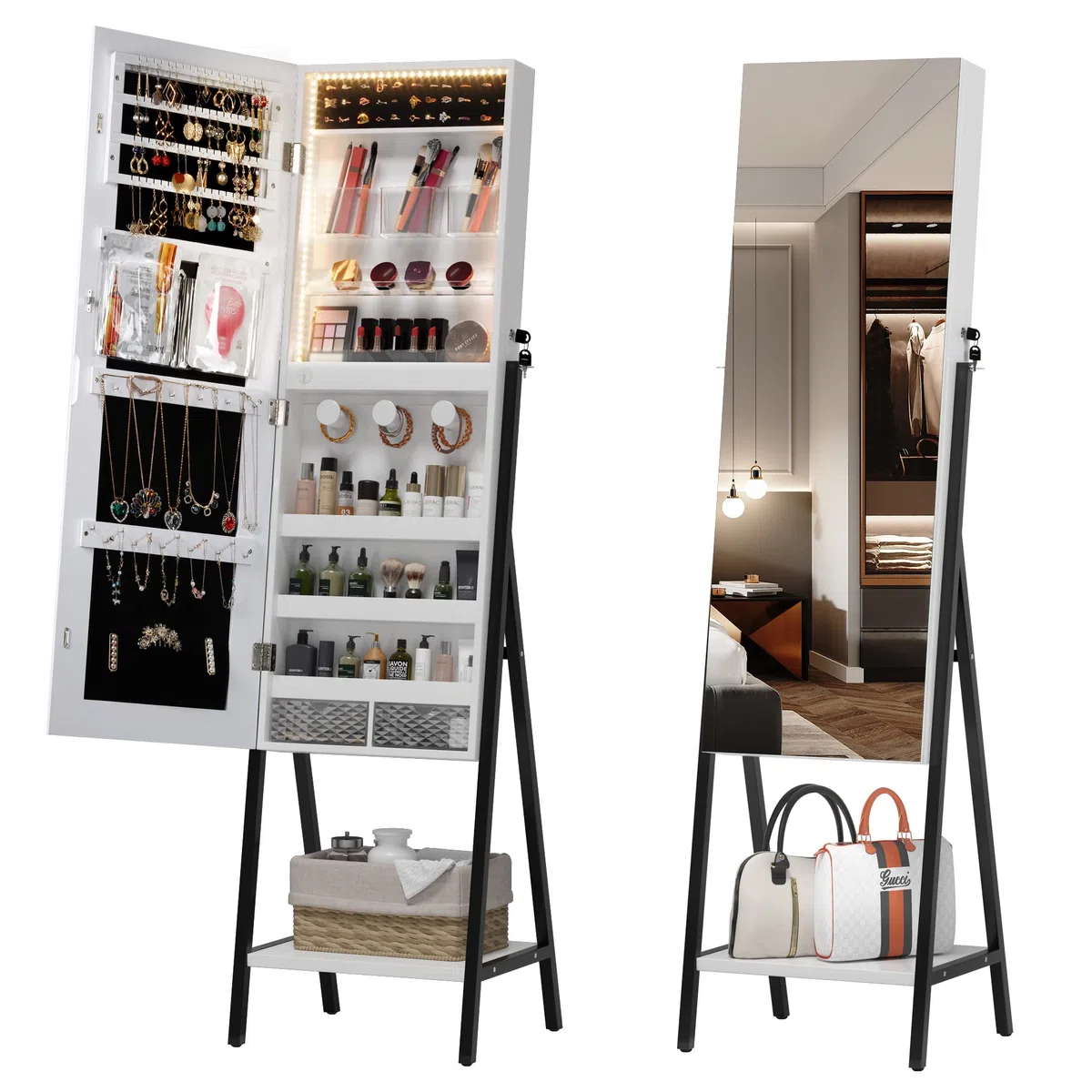 LVSOMT Schmuckschrank Stehend mit Beleuchtung, LED Schmuckschrank mit Spiegel, Schmuck Spiegelschrank Abschließbarer, 3 Farben Licht und Schmuckaufbewahrung, Unteres Regal, Geschenke für Damen, Weiß