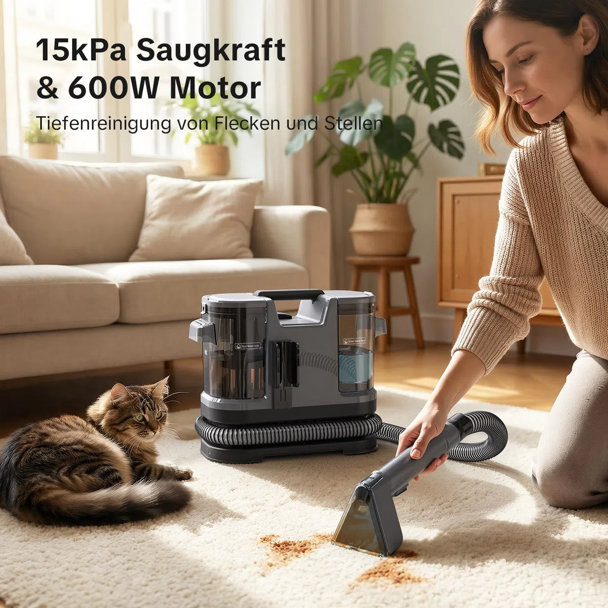 Lubluelu Nasssauger Polsterreiniger Gerät, 600 W - 15 kPa Teppichreiniger Waschsauger, tragbares Teppich-Reinigungsgerät mit Selbstreinigung und langem Schlauch für Sofas, Teppiche & Auto-Innenräume