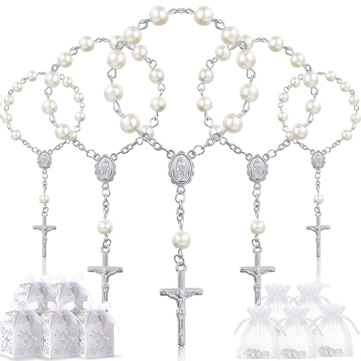 50 Stück Taufe Acryl Rosenkranz Perlen mit Kruzifix und 50 Lasergeschnittene Präsent Boxen Präsente Verpackung Schachtel Kommunion Deko für Babyparty Hochzeit Party(Silber Perlen Armband)