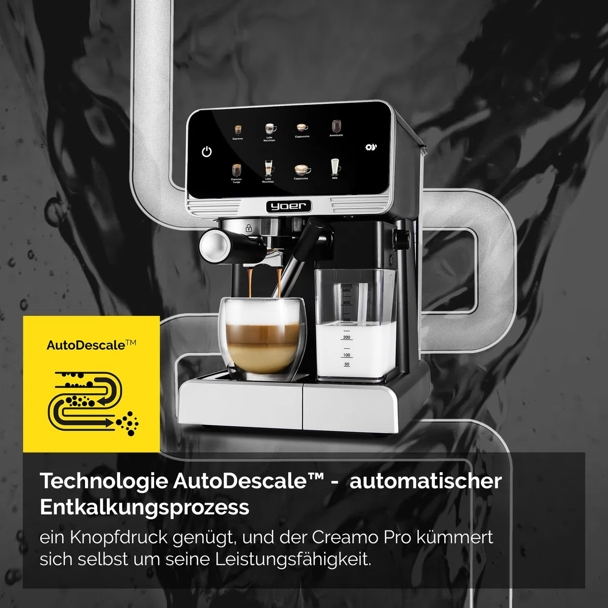 Yoer Kaffeevollautomat mit Milchsystem, Kaffeemaschine, 8 automatische Programme, Touchscreen, 20 bar, 1350W, Milchaufschäumer, Espresso, Cappuccino & Latte, 2-Tassen-Funktion, Creamo EMF03BK, schwarz