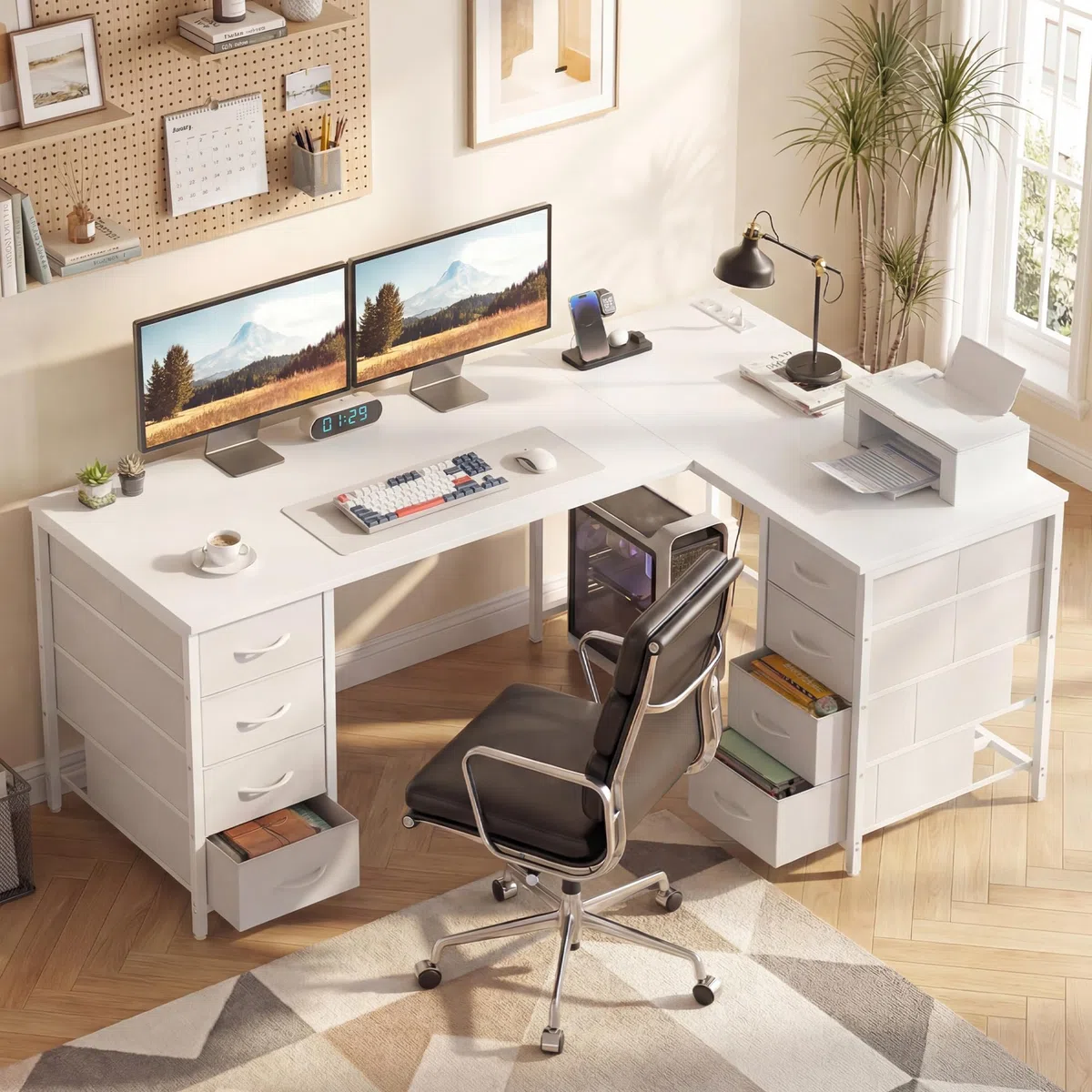 YOUDENOVA Schreibtisch L-Form, 150×100 cm Eckschreibtisch mit 8 Schubladen, Computertisch mit Steckdose und USB-Ladeanschluss, Bürotisch für Arbeitszimmer Weiß