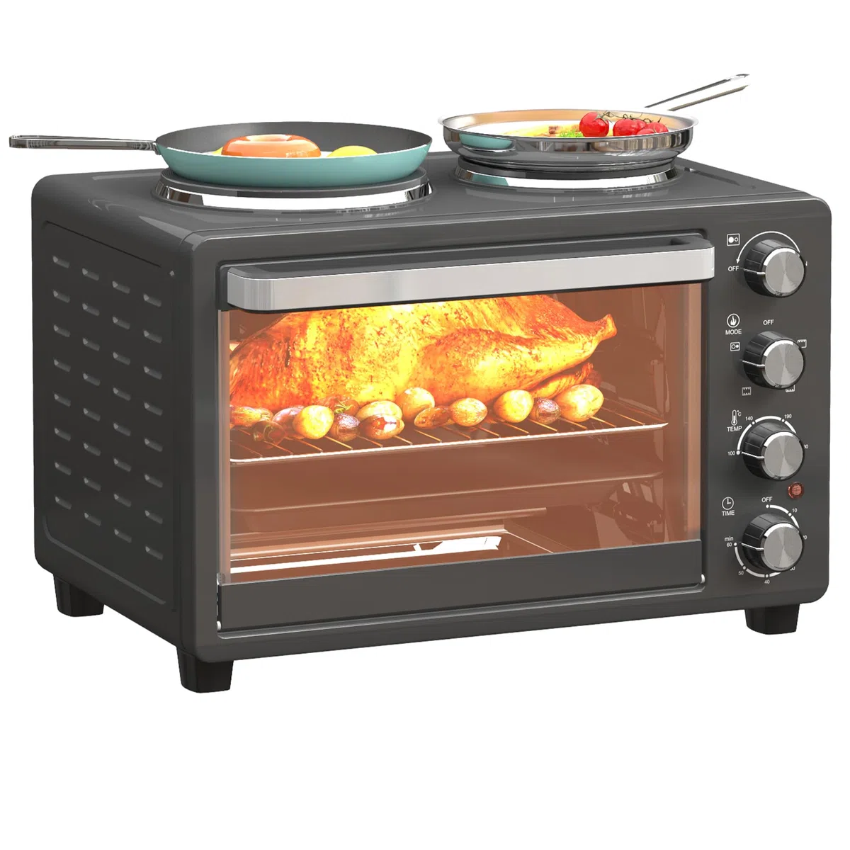 HOMCOM Minibackofen 28 L 2600W 100-230℃ Pizzaofen mit 60 Min. Timer, Grillrost 2 Kochplatten, Backblech, Mini Backofen mit Tablettgriff, Krümelblech, Schwarz