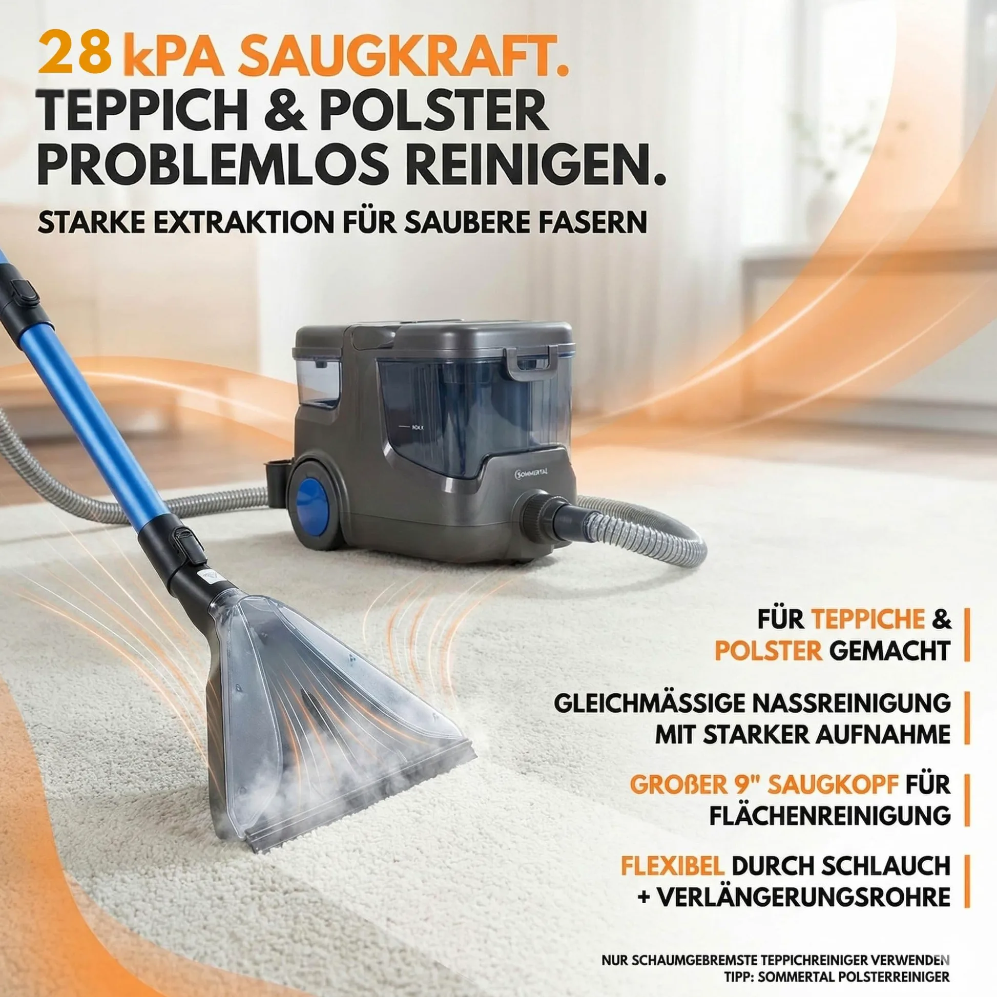 Sommertal HYDRO 9000 MAX Waschsauger | 1.000W, 28 kPa | Teppichreiniger & Polsterreiniger mit integriertem Dampfsauger und Nasssauger-Funktion für Teppich, Sofa, Auto-Innenraum & Matratzen