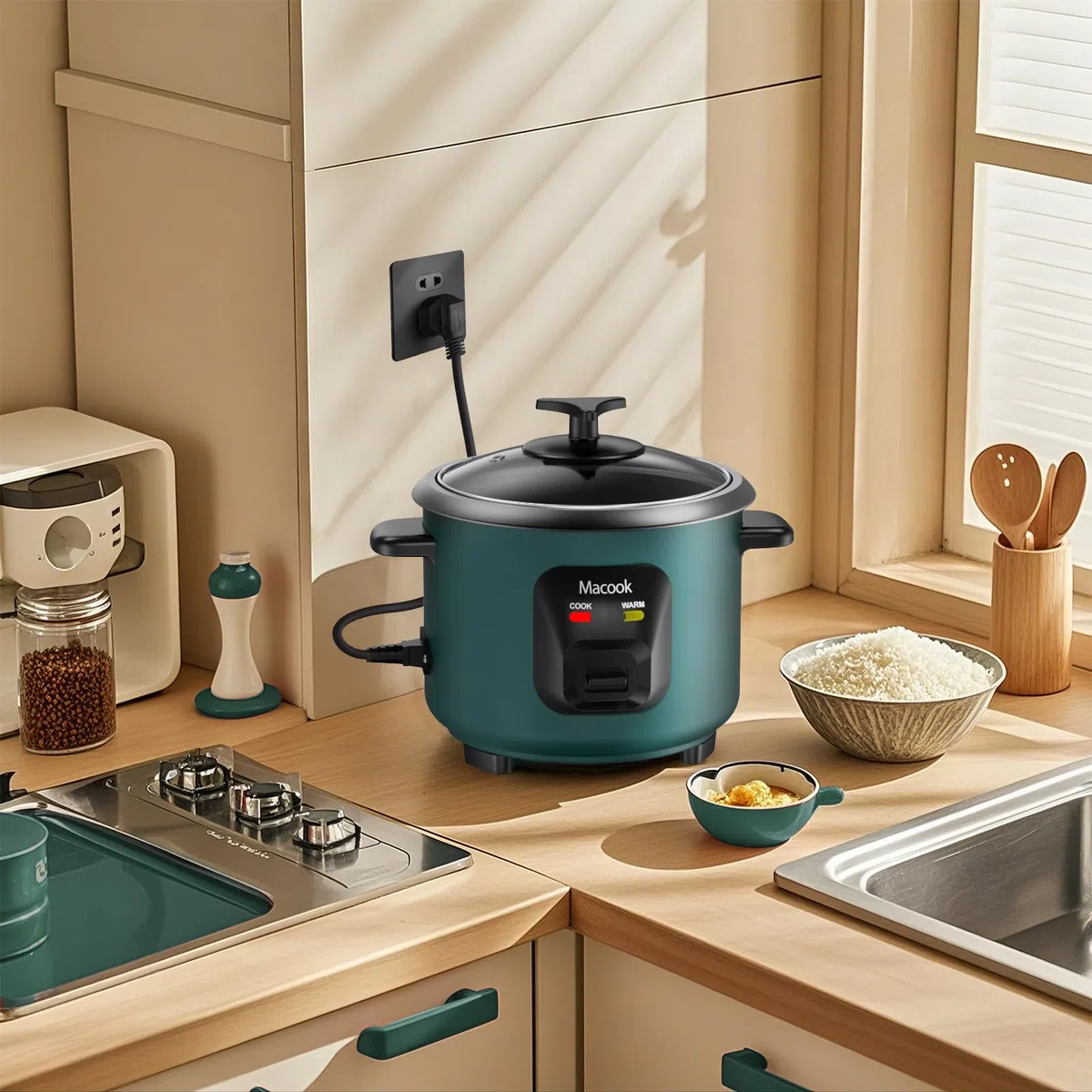 Macook Reiskocher（0,6 Liter, 3 Tassen) 300W - Reiskocher Klein für 1 bis 6 Personen, Antihaftbeschichtung, automatische Warmhaltefunktion, Anti-Trockenbrenner-Funktion.