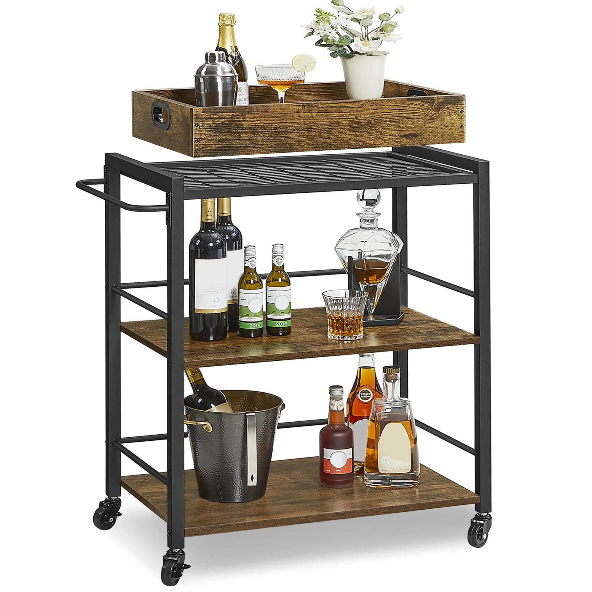VASAGLE Servierwagen, Küchenwagen, abnehmbares Tablett, mit verstellbaren Füßen und Rollen, Küchenregal, Stahlrahmen, 40 x 72 x 86 cm, Industrie-Design, vintagebraun-schwarz LRC72X