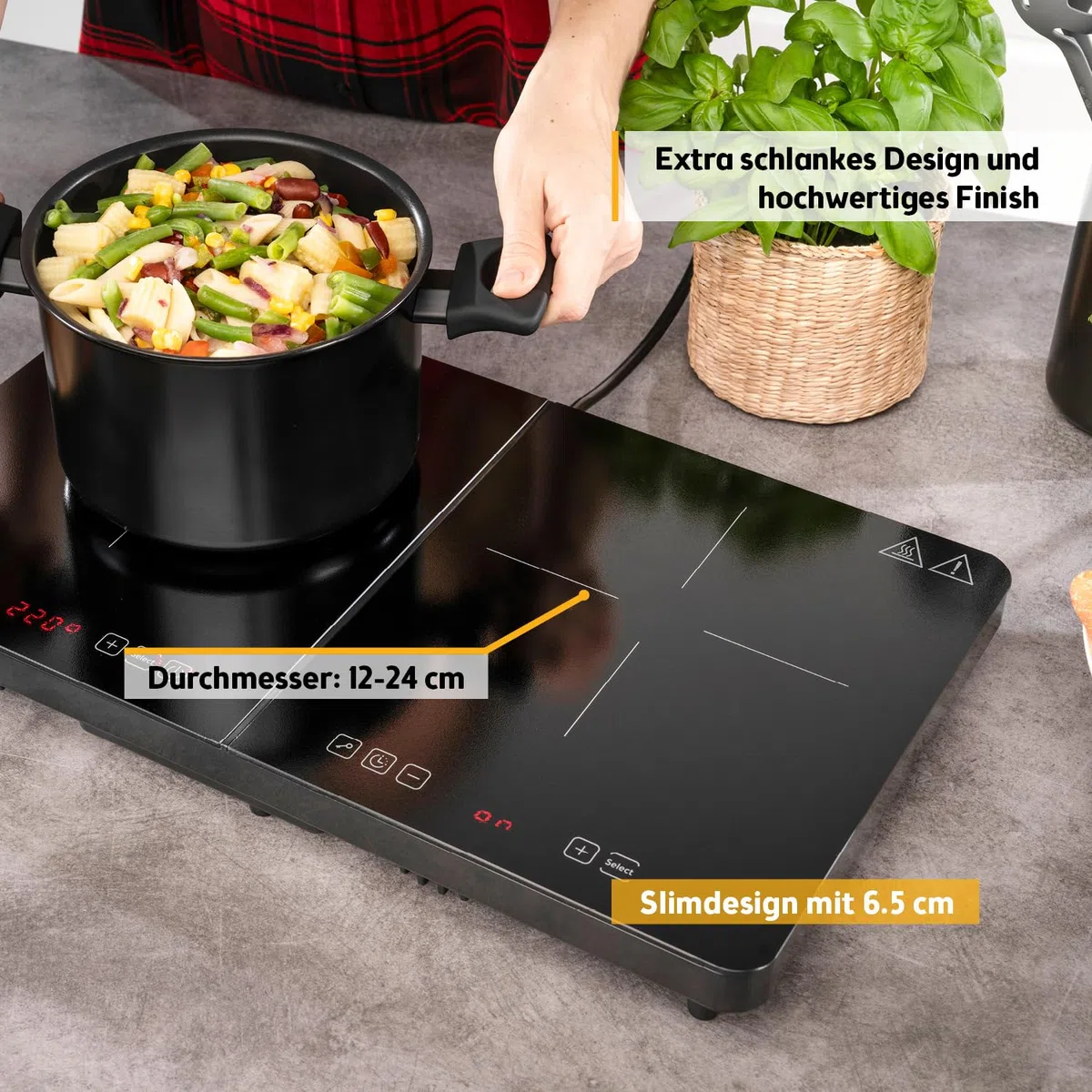 TZS First Austria - Induktionskochplatte doppelt - 3500W - 2er Glaskeramik-Herdplatte - 10 Leistungsstufen, Timer, Kindersicherung, LED-Display, Touch-Bedienung, Überhitzungsschutz - Camping, mobil