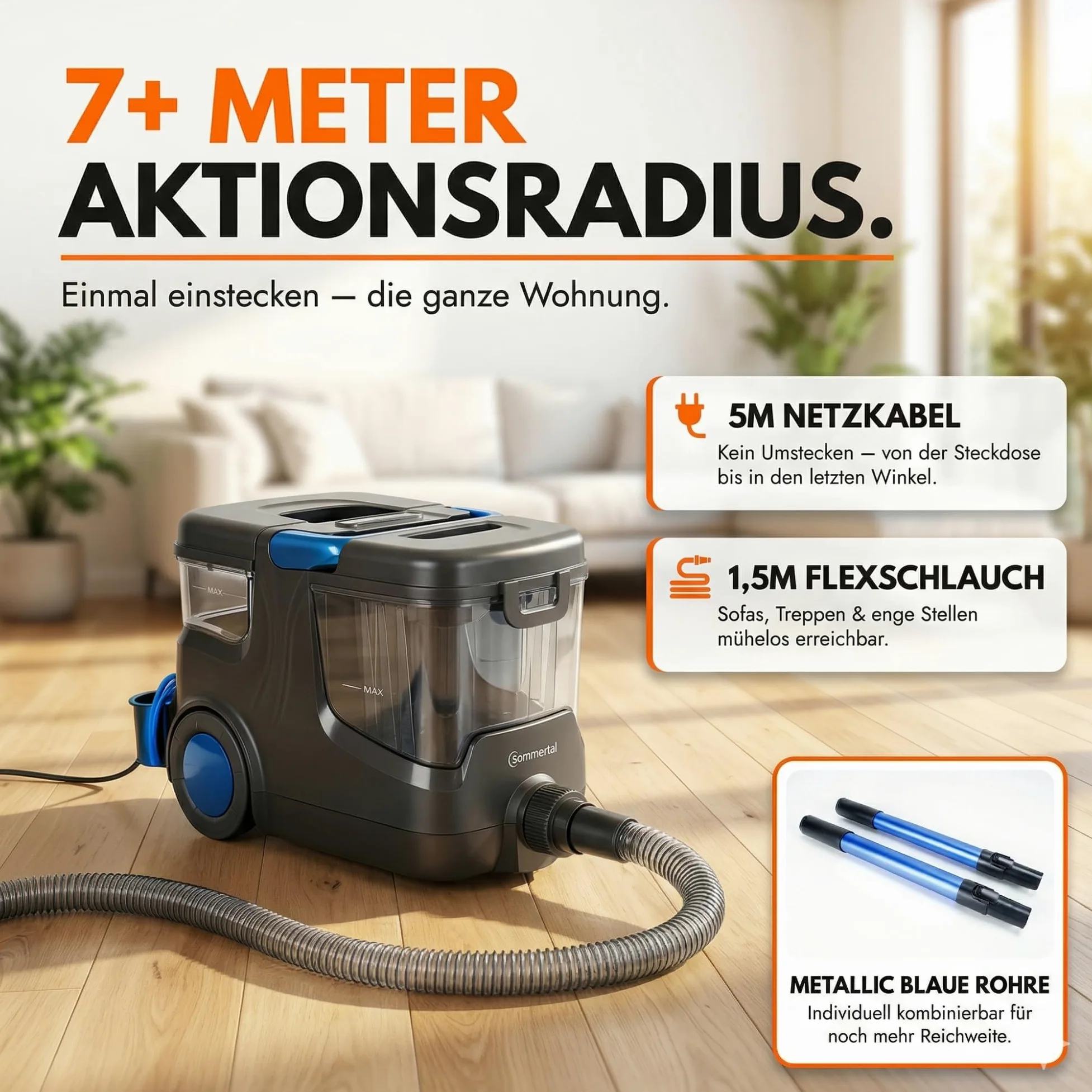 Sommertal HYDRO 9000 MAX Waschsauger | 1.000W, 28 kPa | Teppichreiniger & Polsterreiniger mit integriertem Dampfsauger und Nasssauger-Funktion für Teppich, Sofa, Auto-Innenraum & Matratzen
