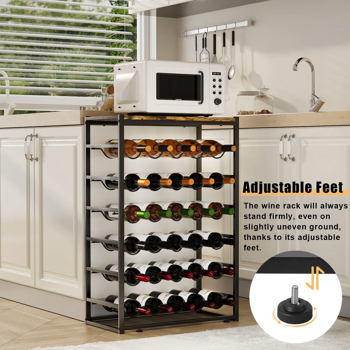 Urban Deco Weinregal für 30 Flaschen, Flaschenregal Stehend mit Holz Tischplatte, Weinregal Metall Schwarz für Küche Bar Keller Esszimmer, 59 x 30 x 89 cm