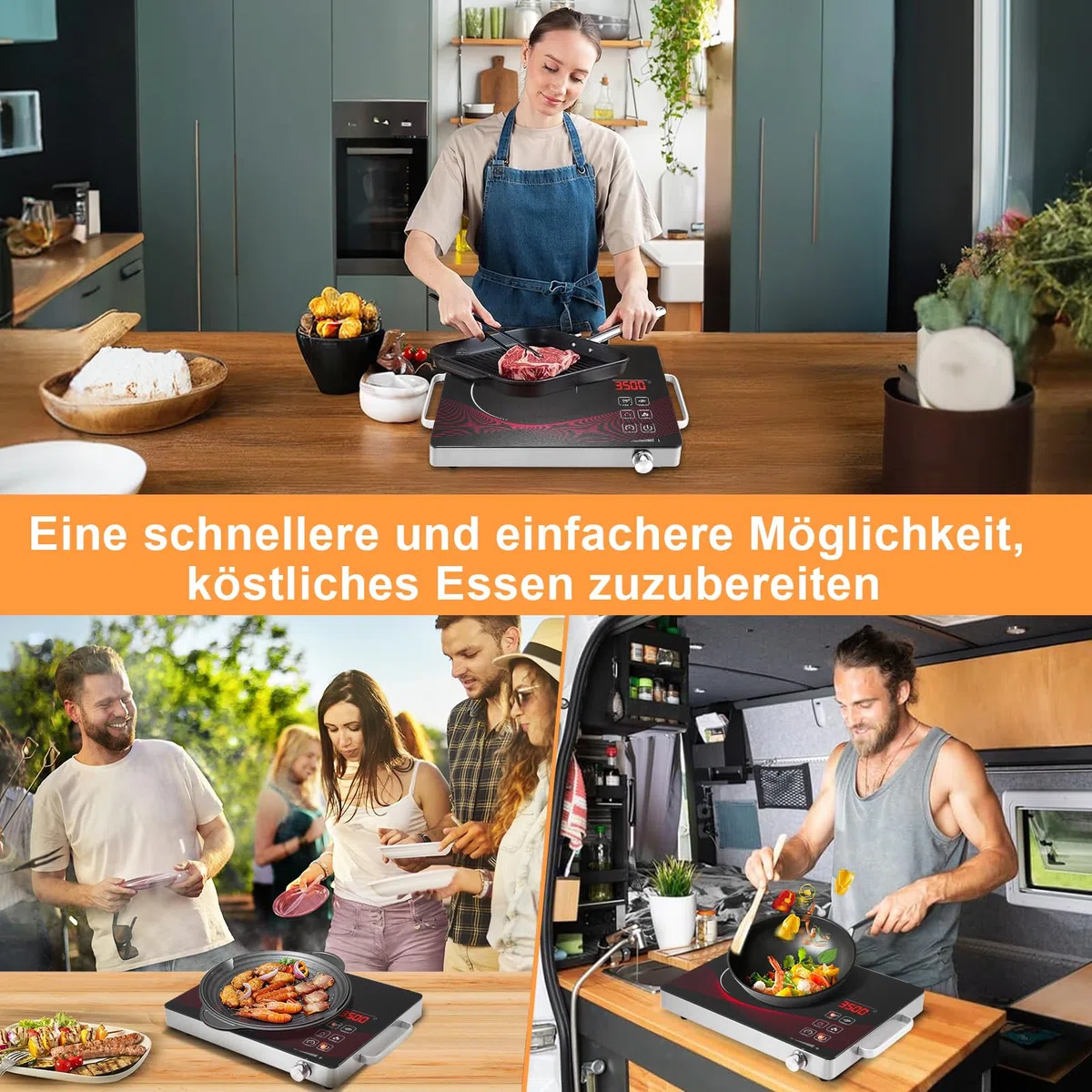 Glaskeramikkochfeld mit Stecker, 220V 3500W Tragbares Kochfeld mit Griff, Einzelbrenner Elektrokochfeld, Touch Steuerung Kochfelder mit 4 Modi, 0-180 Min Timer, Überhitzungsschutz