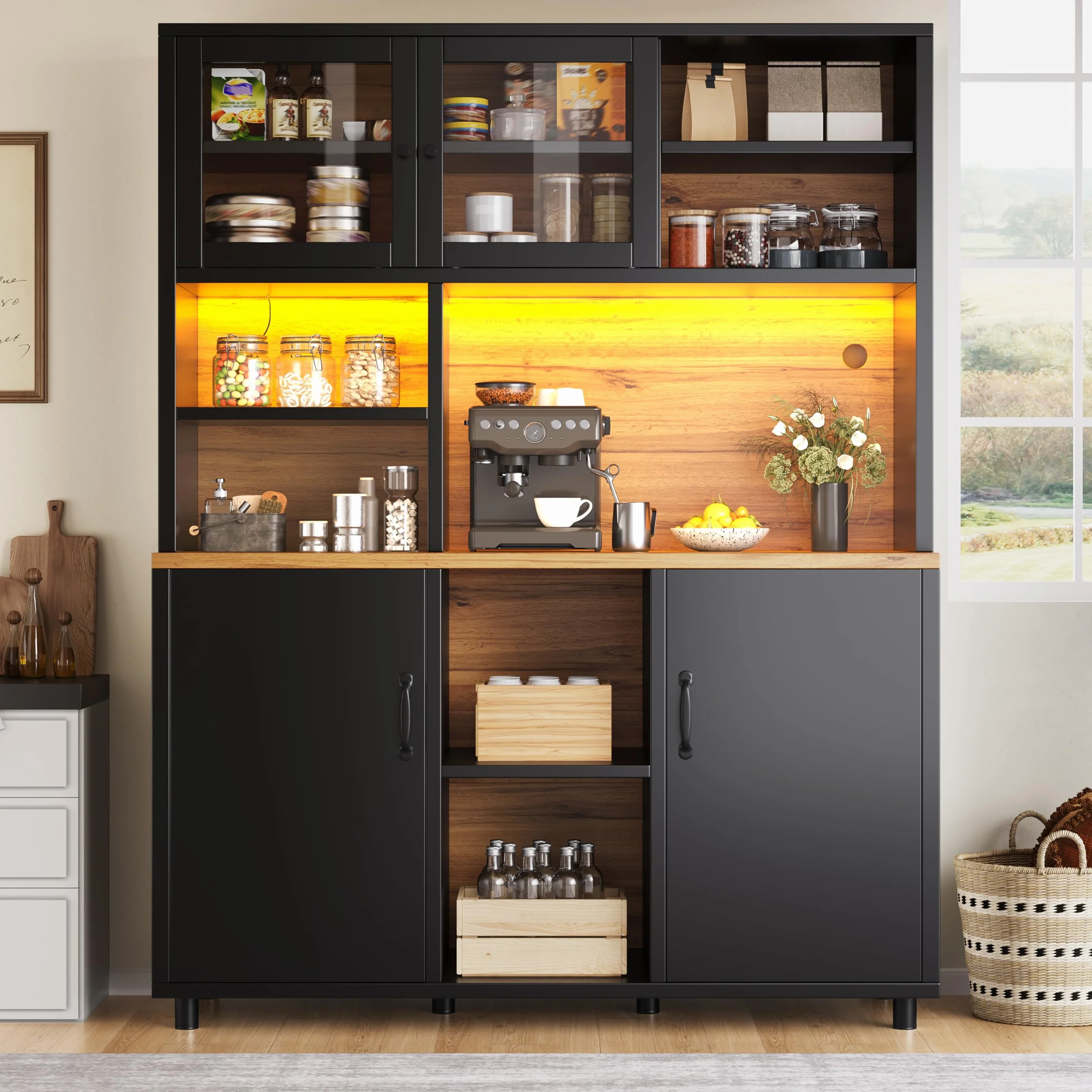 Küchenschrank mit LED, Hochschrank mit Schiebetüren & Arbeitsplatte, Buffetschrank mit Verstellbaren Regalen und Stauraum Regal, für Küche & Esszimmer & Wohnzimmer, Schwarz, 140x40.5x174.5cm