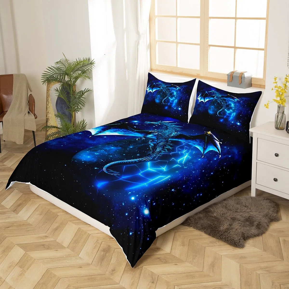 Loussiesd Galaxy Dragon Bettbezug 135x200 cm Kinder Chic Weltraum Sternenhimmel Bettwäsche Set Dschungeltiere Drachen Bettwäsche für Jungen Kinder Teens Schlafzimmer Dekor Blau Schwarz Betten Set