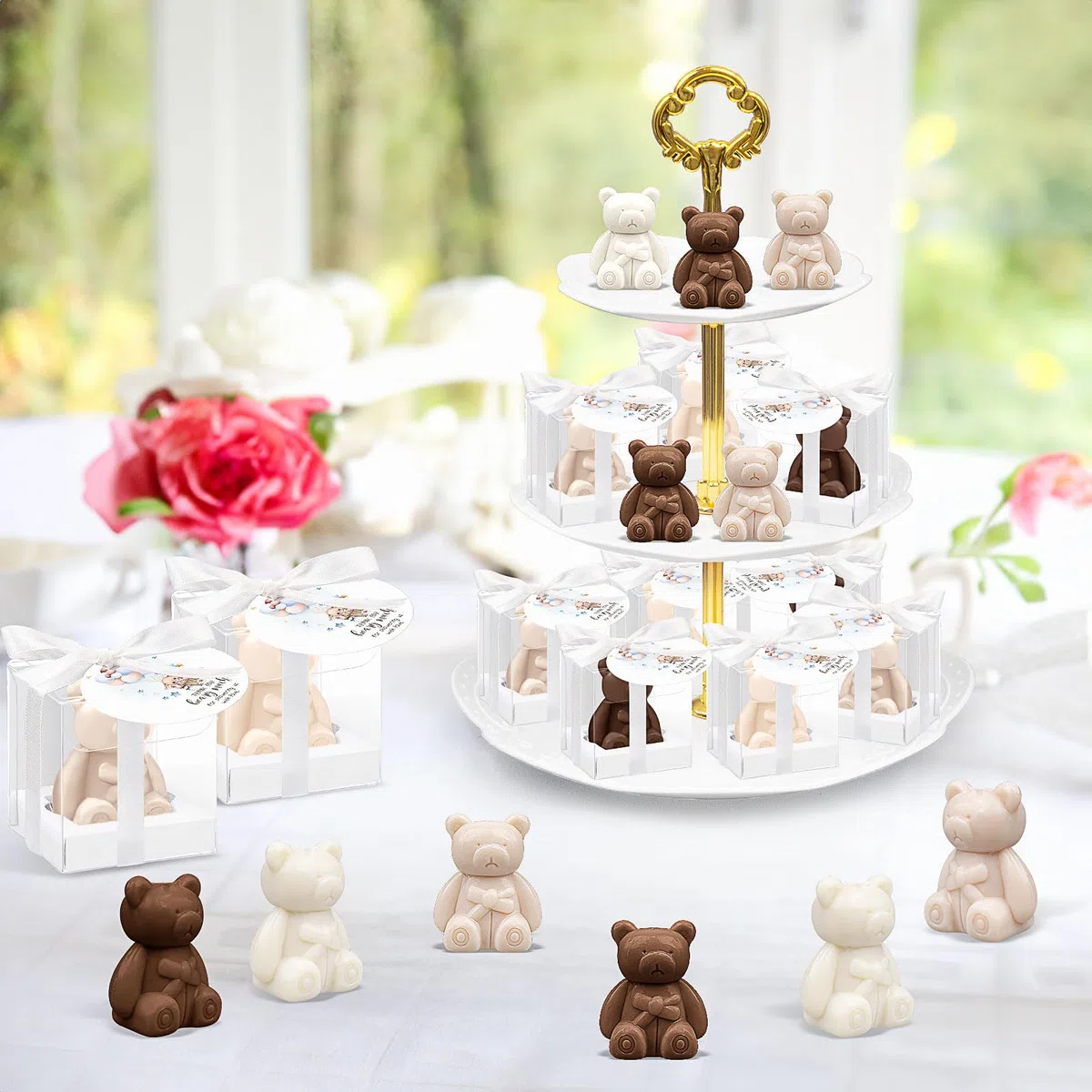 36 Stück Bärchen-Seifen Gastgeschenke, Mini-Seifen mit Geschenkbox & Dankeskarten, Duftseifen für Babyparty, Taufe, Hochzeit, Gender Reveal & Geburtstag – Weiß & Braun