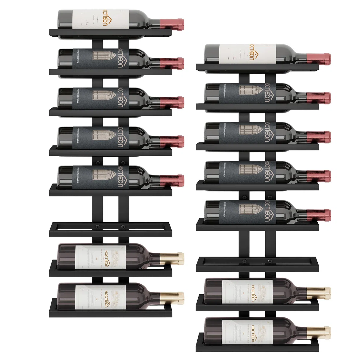 Hoctieon Weinregal Wand, Flaschenregal mit 8 Ebenen 2 Set, Metall Weinregal Hängend Weinflaschenregale Schwarz für Esszimmer, Weinkeller, Schlafzimmer