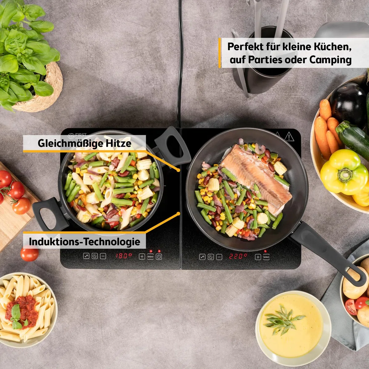 TZS First Austria - Induktionskochplatte doppelt - 3500W - 2er Glaskeramik-Herdplatte - 10 Leistungsstufen, Timer, Kindersicherung, LED-Display, Touch-Bedienung, Überhitzungsschutz - Camping, mobil