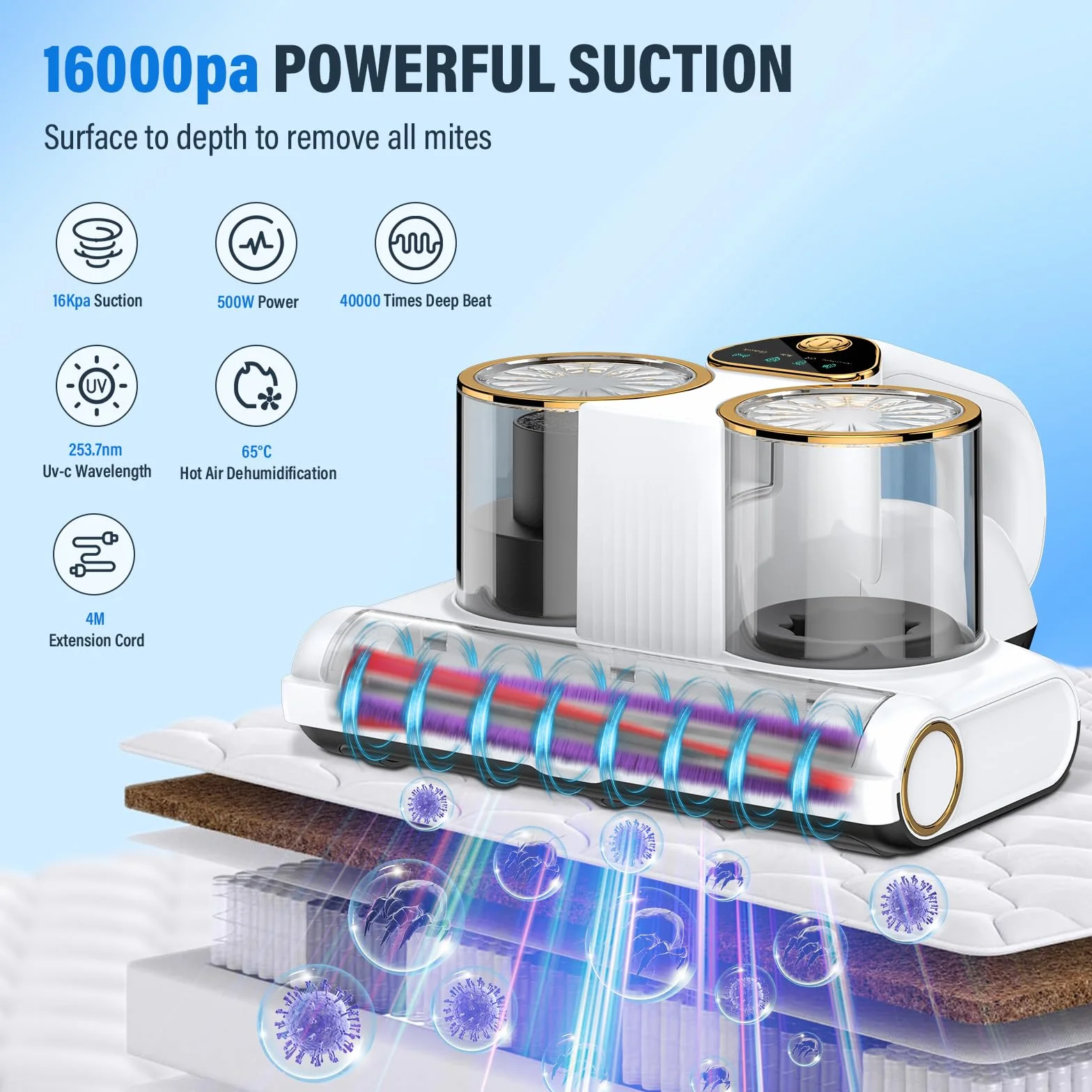 Milbensauger für Matratzen,Milbensauger mit UV-Licht 16KPA Absaugung 500W Milbenstaubsauger mit Ultraschall und Heißluftfunktion Matratzensauger Entfernt 99,9 % Bakterien Allergene und Staub-Milben