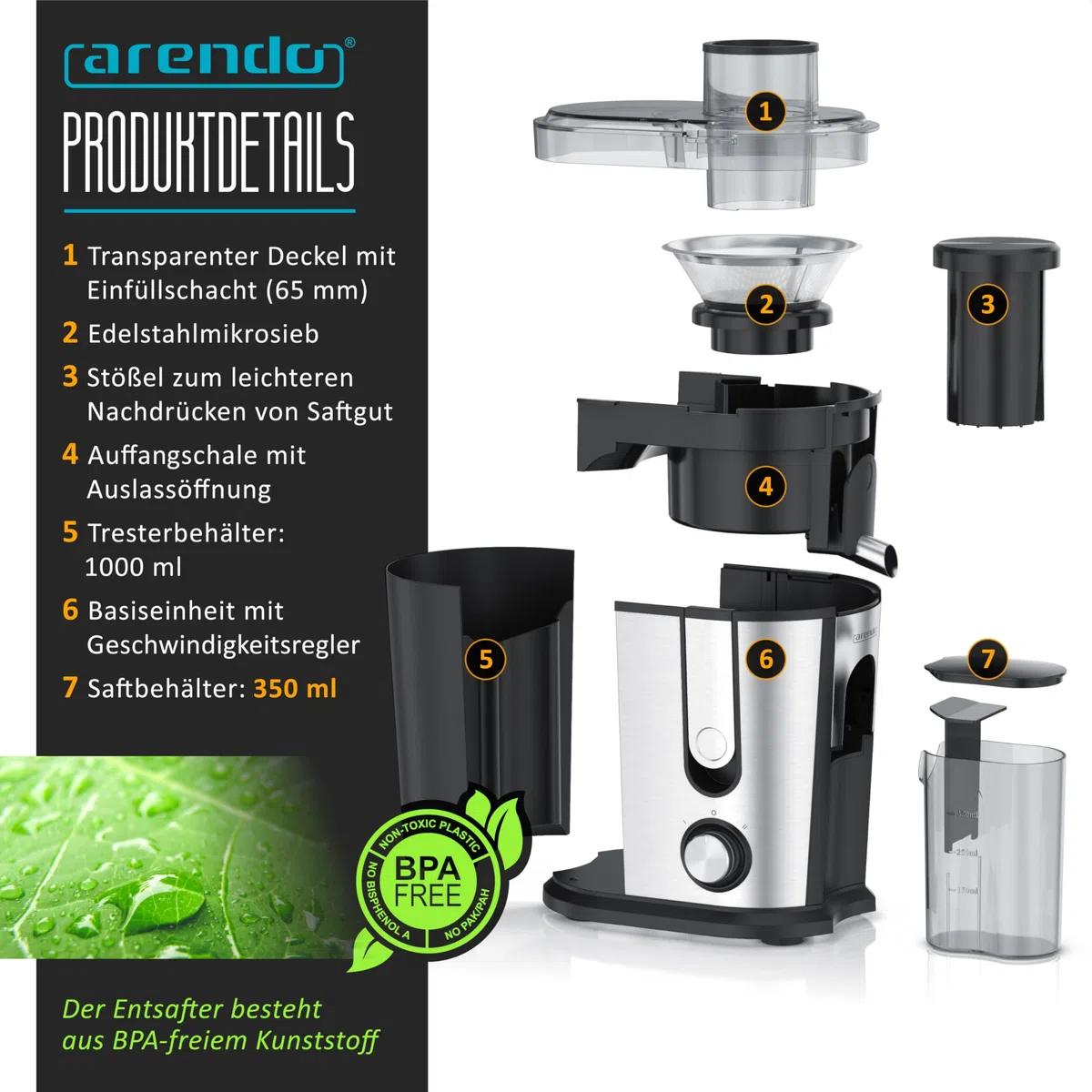 Arendo - Entsafter Edelstahl Obst und Gemüse - Zentrifugaler Entsafter - elektrisch - 2 Geschwindigkeitsstufen - Überhitzungsschutz - Edelstahlgehäuse - 600 W - BPA-frei