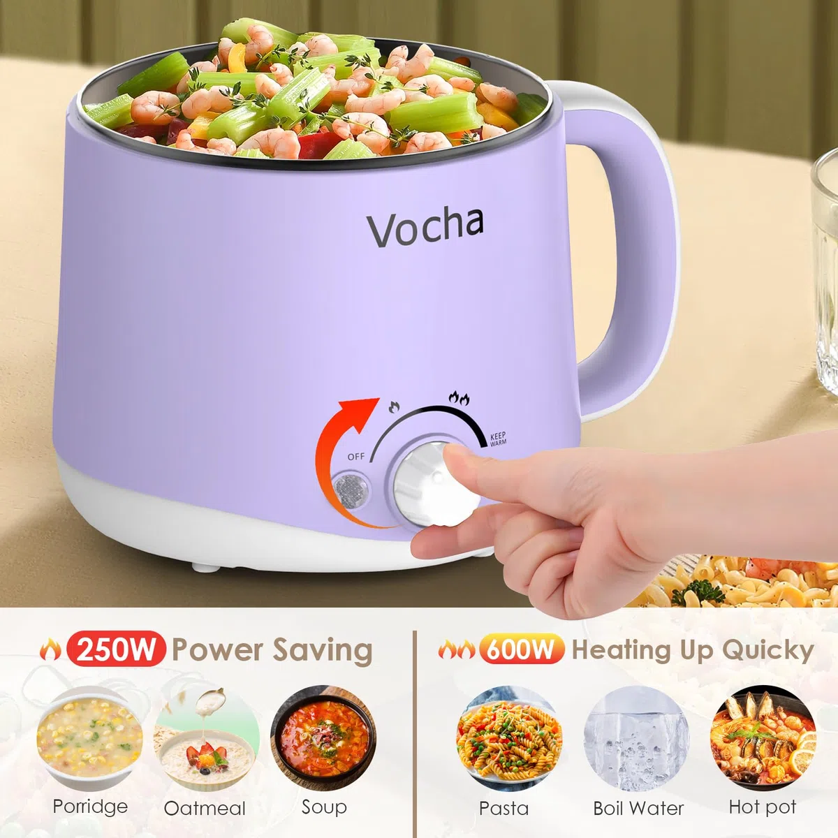 Vocha Elektrische Hot Pot, 1.6L Kleiner Kochtopf mit Warmhaltefunktion, Tragbare Schneller Suppentopf, Multi Reisekocher für Suppe/Ramen/Pasta/Haferflocken/Ei, mit Dual Power (Violet)