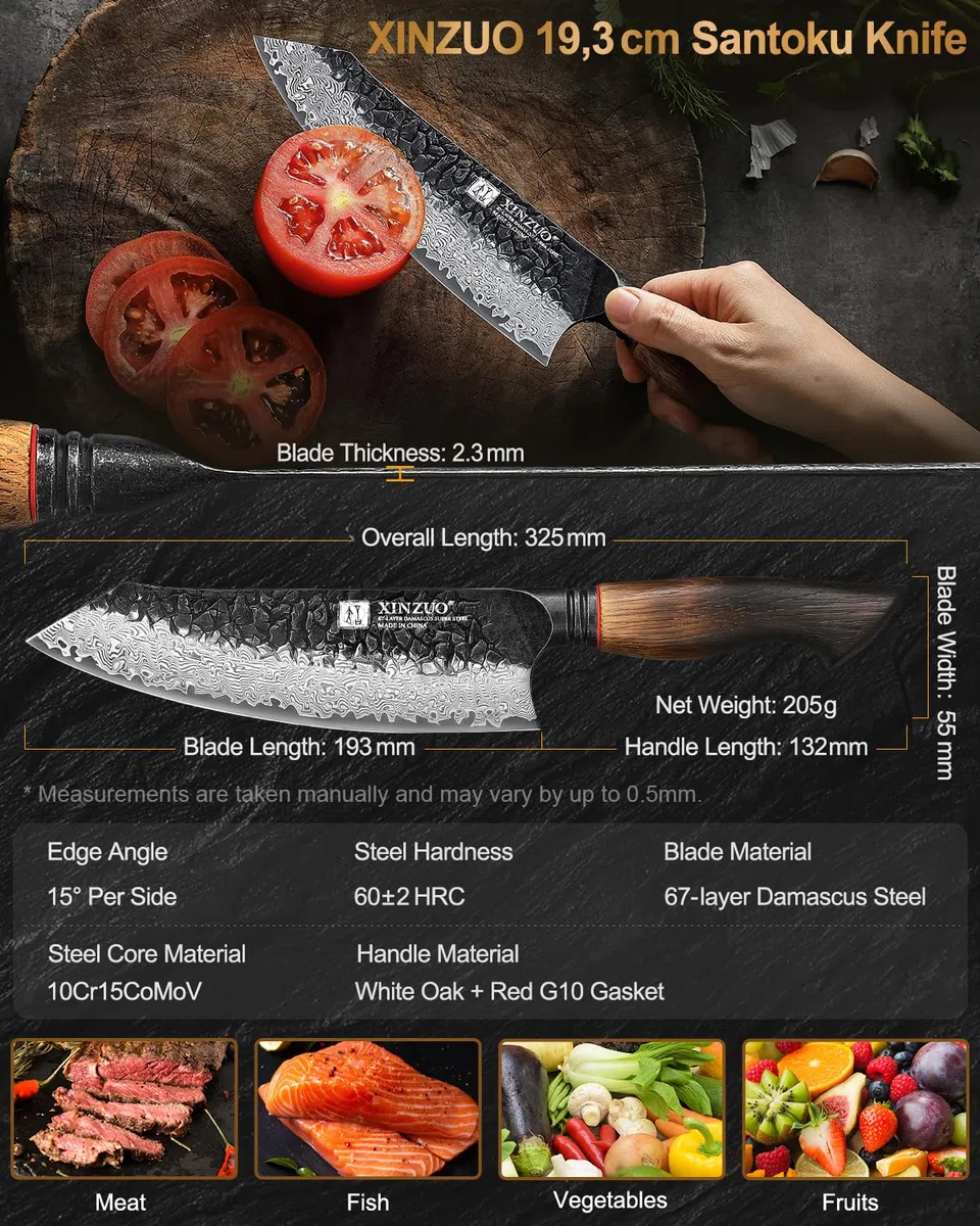 XINZUO Damaststahl 19,3cm Santokumesser -Hammerfinish Küchenmesser Scharfe Klinge Damastmesser -Profi Geschmiedet Kochmesser Multifunktions Chefmesser -Ergonomischer Griff aus Weißeiche -Mo Serie