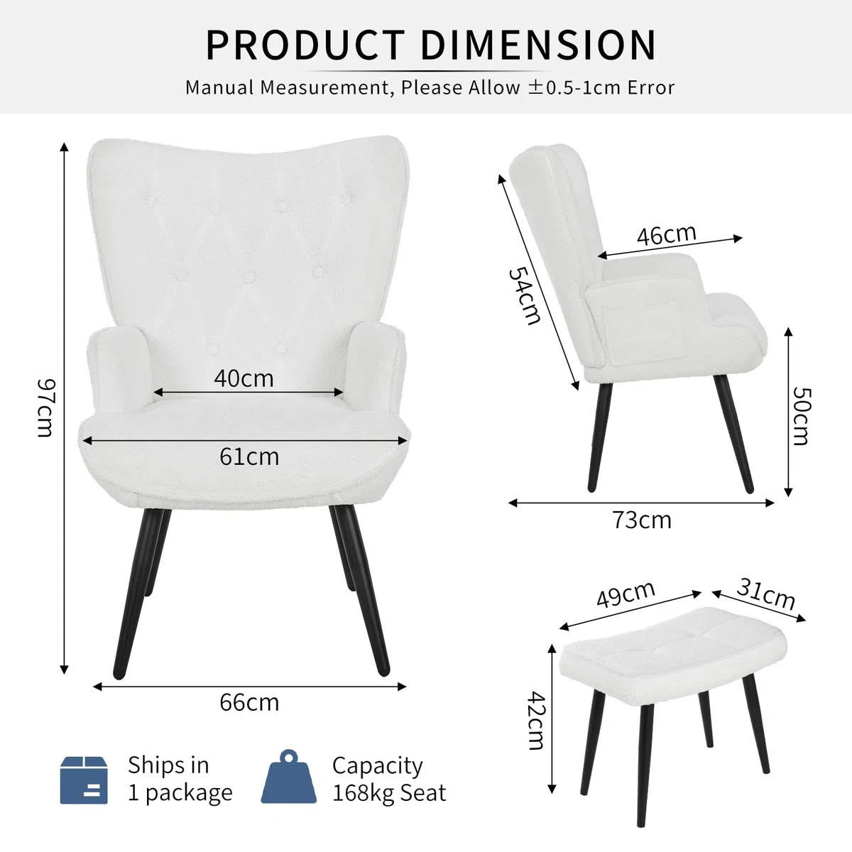 CLEVICH Ohrensessel - Gemütlicher Loungesessel mit Hocker, Lesesesselaus, Teddystoff Armchair für Wohnzimmer & Schlafzimmer - Bis 168kg, Weiß