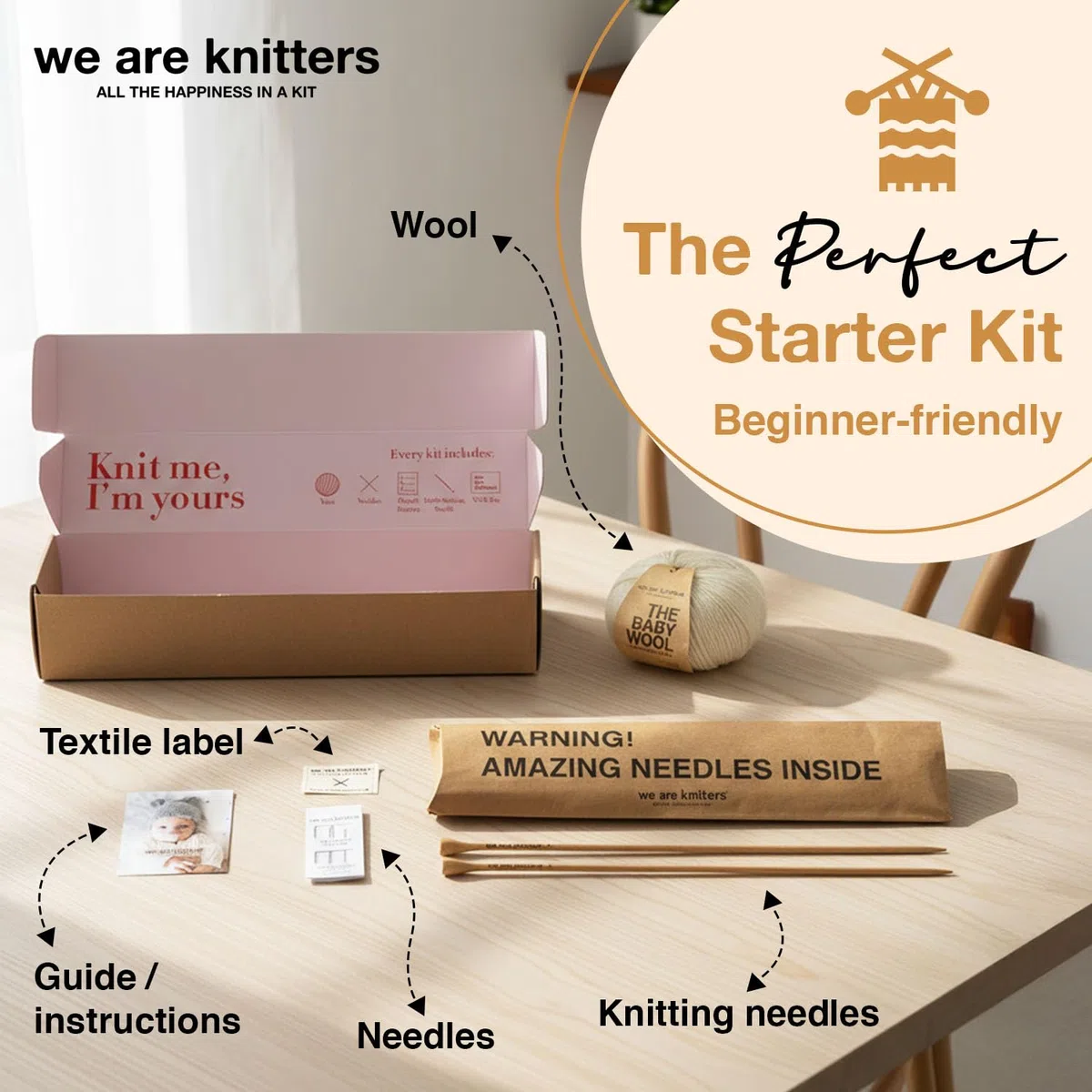 We Are Knitters Loris Beanie Strickset für Babys, DIY Mütze aus 100% Alpaka Wolle zum Stricken, Häckel kit für Anfänger, Strickset für Anfänger inkl. Stricknadeln Set, Größen 0-6M & 6-12M