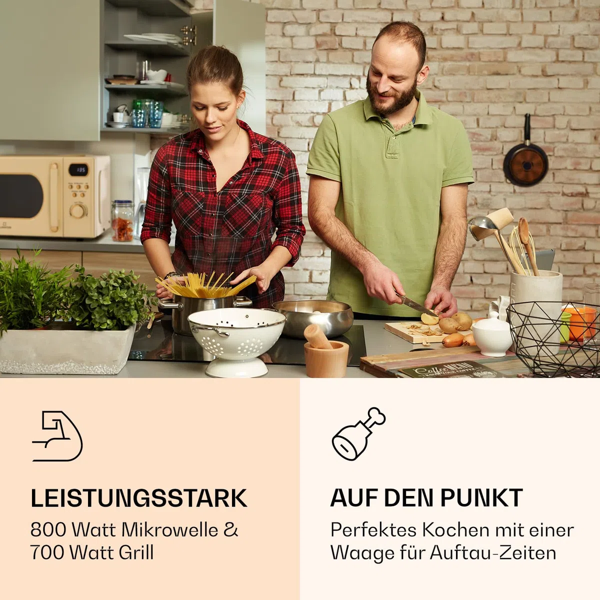 Klarstein Mikrowelle mit Grill, 800 Watt Mikrowelle Klein, 3-in-1Edelstahl-Mikrowelle Creme, Kleine 20 Liter Mikrowelle mit Auftau- und Pizzafunktion, Drehteller, Platzsparend, Einfach zu Bedienen