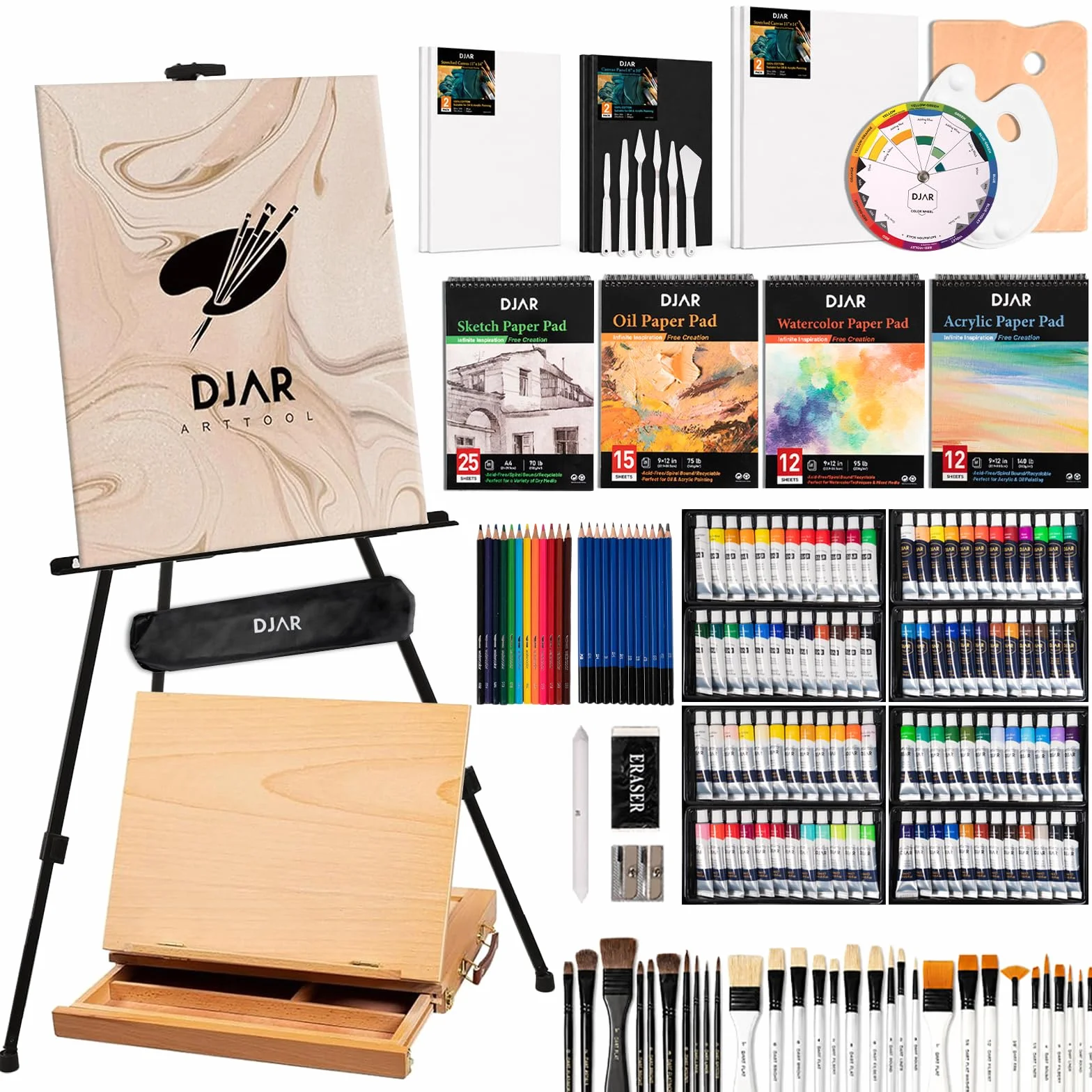 DJAR Professionelles All-in-One-Kunstmalerei-Set mit FSC-zertifizierter Staffelei aus Buchenholz, 96 Acryl-, Aquarell- und Ölfarben-Set, komplettes Malset für Erwachsene, Künstler, Anfänger, 174