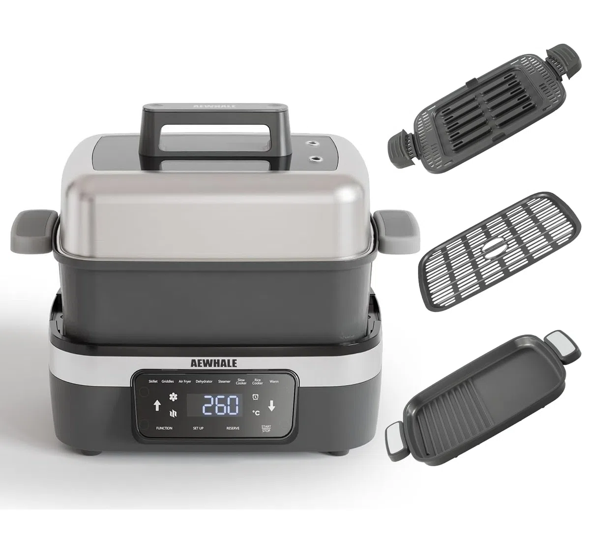 AEWHALE 8-in-1 Multikocher mit Air Fryer 4.25L, Reiskocher, Slow Cooker, Dampfgarer& Warmhaltefunktion|4 Zubehörteile | Antihaftbeschichtete, austauschbare Platten und Pfannen