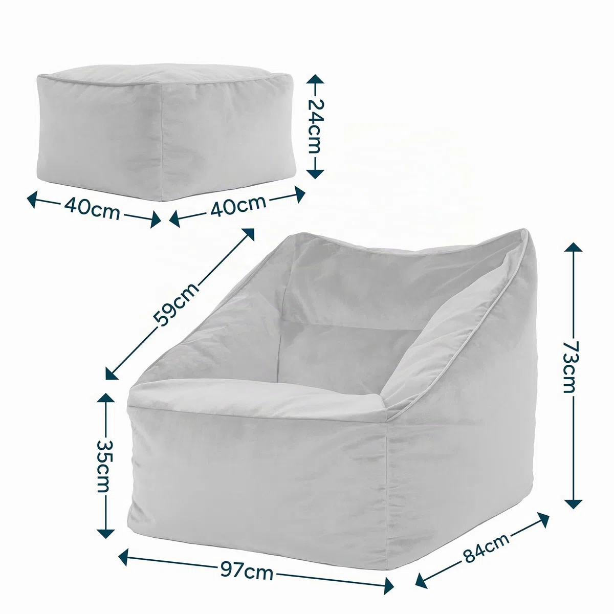 Icon Natalia Sitzsack Sessel mit Hocker für Erwachsene, Dunkelblau, Flauschiger Samtstoff, Riesen Sitzsack Samt mit Füllung, Bean Bag Chair, Bequemer Sessel Wohnzimmer, Lounge, Schlafzimmer, Büro