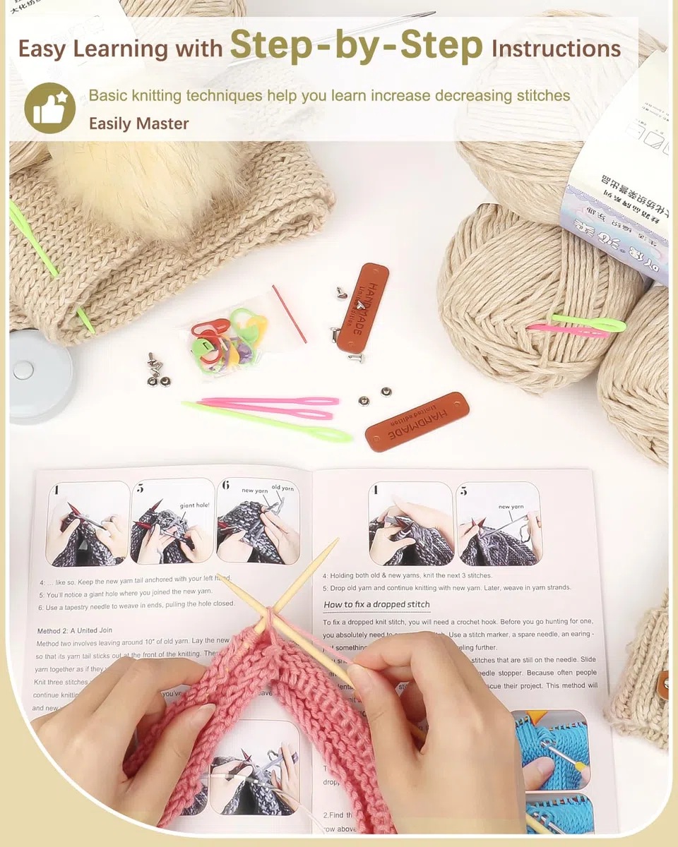 Reessy Stricksets für Anfänger Erwachsene, Mütze Schal Handschuhe Strickset für Erwachsene zum Erlernen des Strickens inklusive Schritt-für-Schritt-Anleitungsbuch, Stricknadeln weiche Garnknäuel und