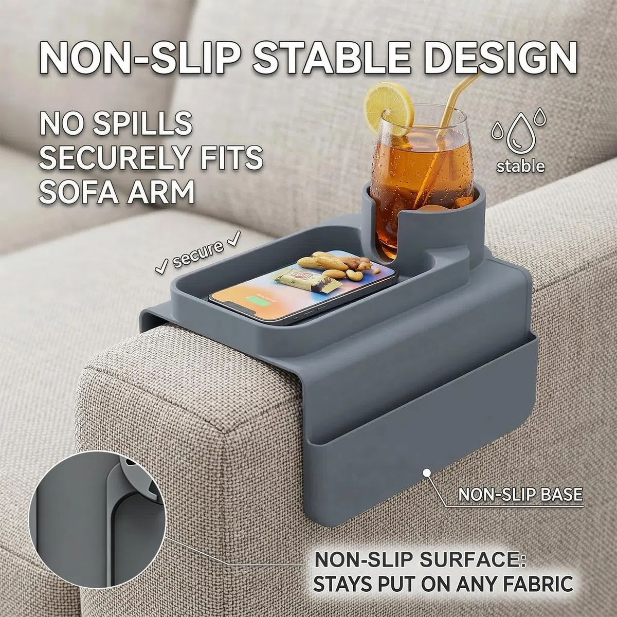 Sofatablett Armlehne mit Getränkehalter, Faltbares Anti Rutsch Sofa Tablett aus Silikon mit Zwei Seitentaschen Couch Ablage für Snacks Getränke Fernbedienung Handy Magazin Armlehnen Tablett Organizer