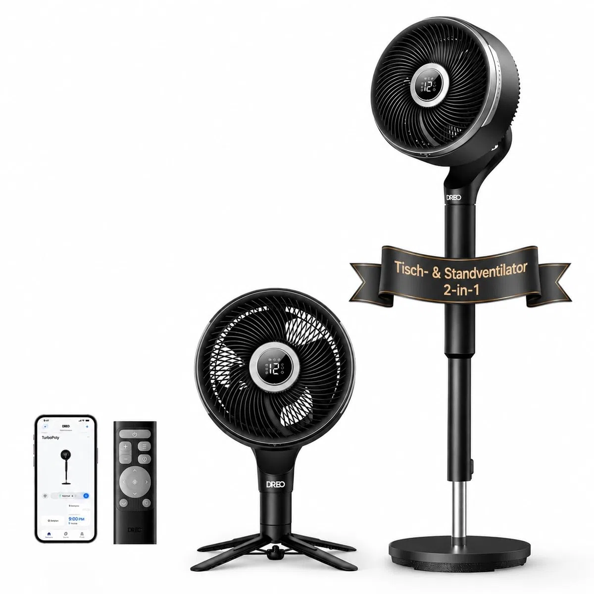 DREO Smart-Ventilator Standventilator 150°+100° Oszillation 36,6 m CirculAir-Reichweite leiser DC-Motor 12 Stufen 6 Modi 20 dB Fernbedienung 12-h-Timer