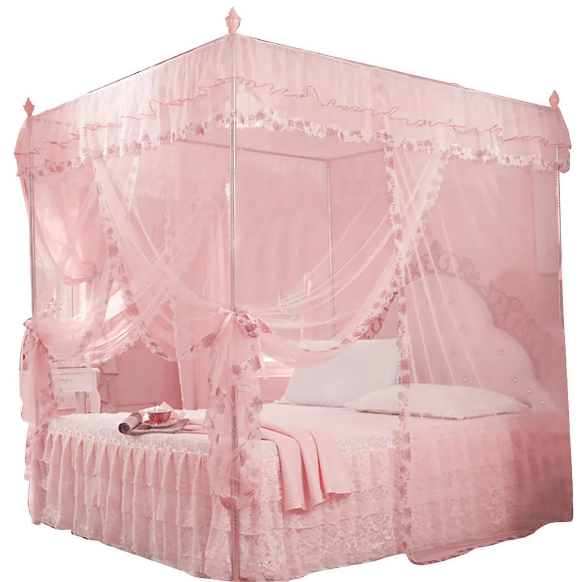 Betthimmel Moskitonetz Bett für Mädchen Luxus-Prinzessin-Quarterposten-Bettvorhänge 3-türiges Netzgewebe Rosa 150x200x200cm