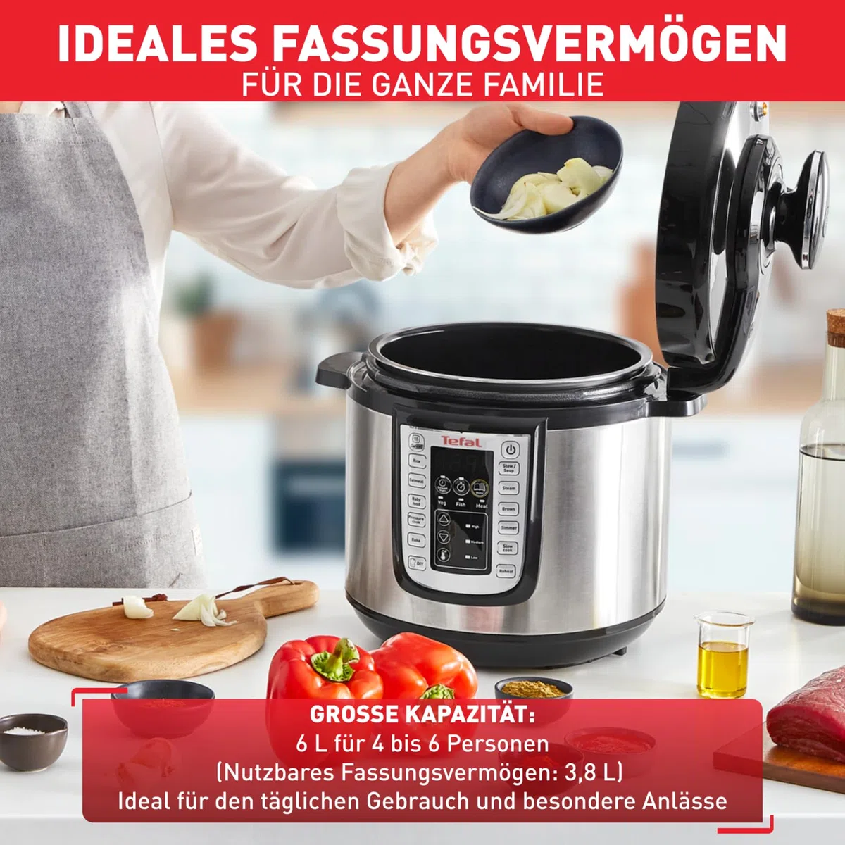 Tefal CY505E Fast & Delicious Multikocher, elektrischer Schnellkochtopf, 6 L Kapazität, 25 Automatische Programme, Bis zu 80% schnelleres Kochen, Energiesparend, Rezeptheft, 1200 W, Edelstahl