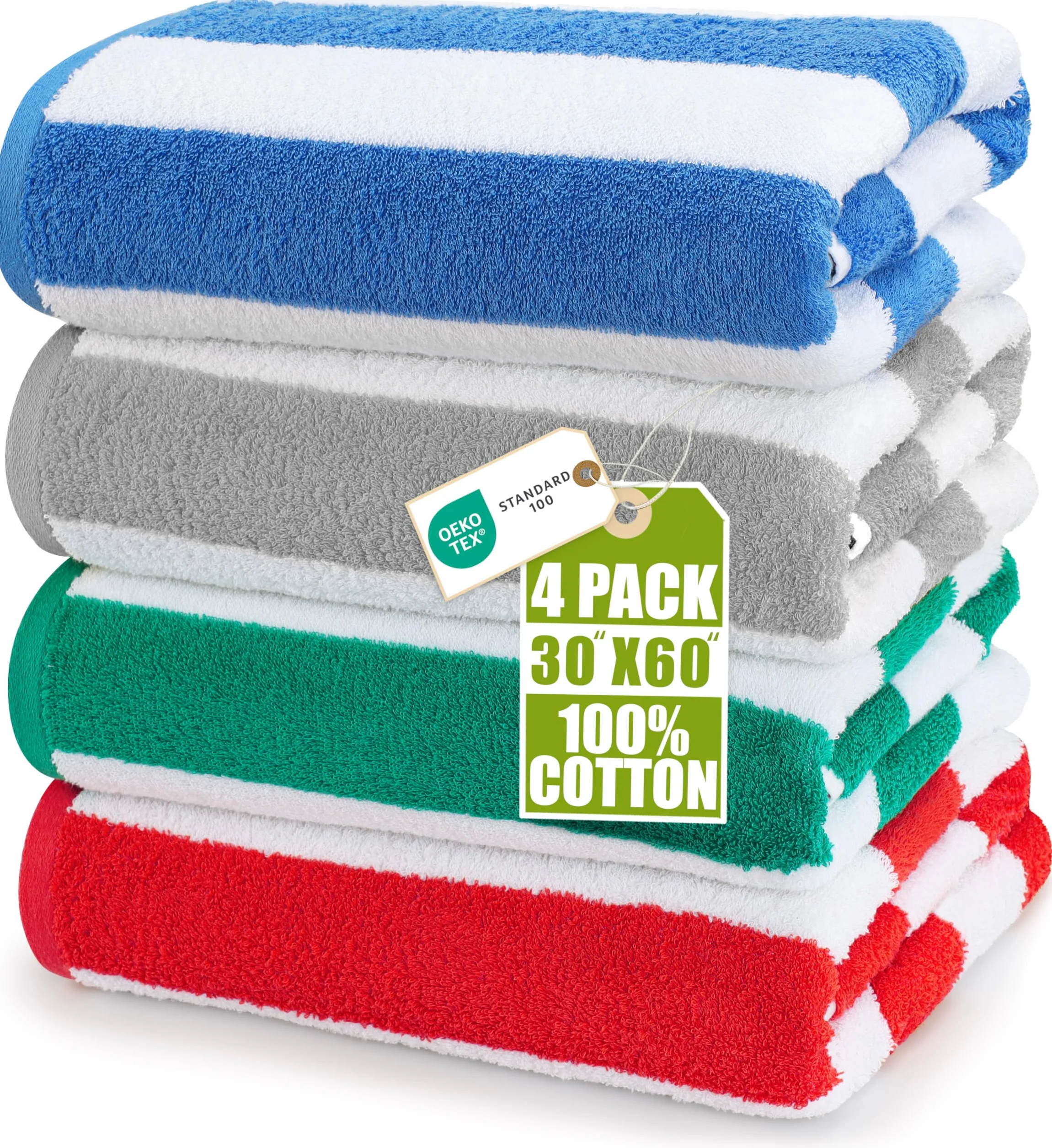 Utopia Towels - Große Strandtücher Cabana-Streifen (76 x 152 cm) - 100% gesponnene Baumwolle, weich und saugfähige Handtücher (4er-Pack, Blau, Grau, Rot und Grün)
