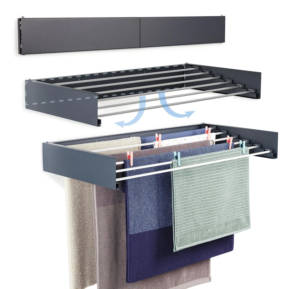 Wand-Wäschetrockner 100 cm – 6-Stangen klappbar & ausziehbar – 6 m Trockenlänge – bis 25 kg – platzsparend – für Innen & Außen – Anthrazit