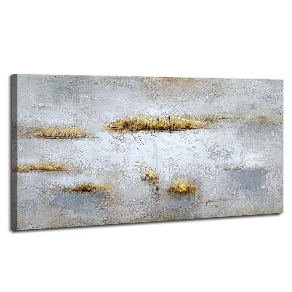 Große Abstrakt Gemälde auf Leinwand Handgemalt, Weiß Grau Gold Gerahmte Wandbilder, Abstrakte Kunstbilder Acrylgemälde 120x60 cm