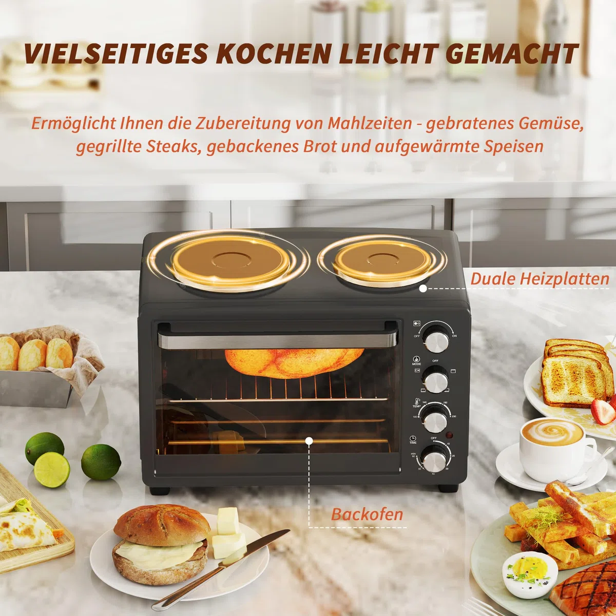 HOMCOM Minibackofen 28 L 2600W 100-230℃ Pizzaofen mit 60 Min. Timer, Grillrost 2 Kochplatten, Backblech, Mini Backofen mit Tablettgriff, Krümelblech, Schwarz