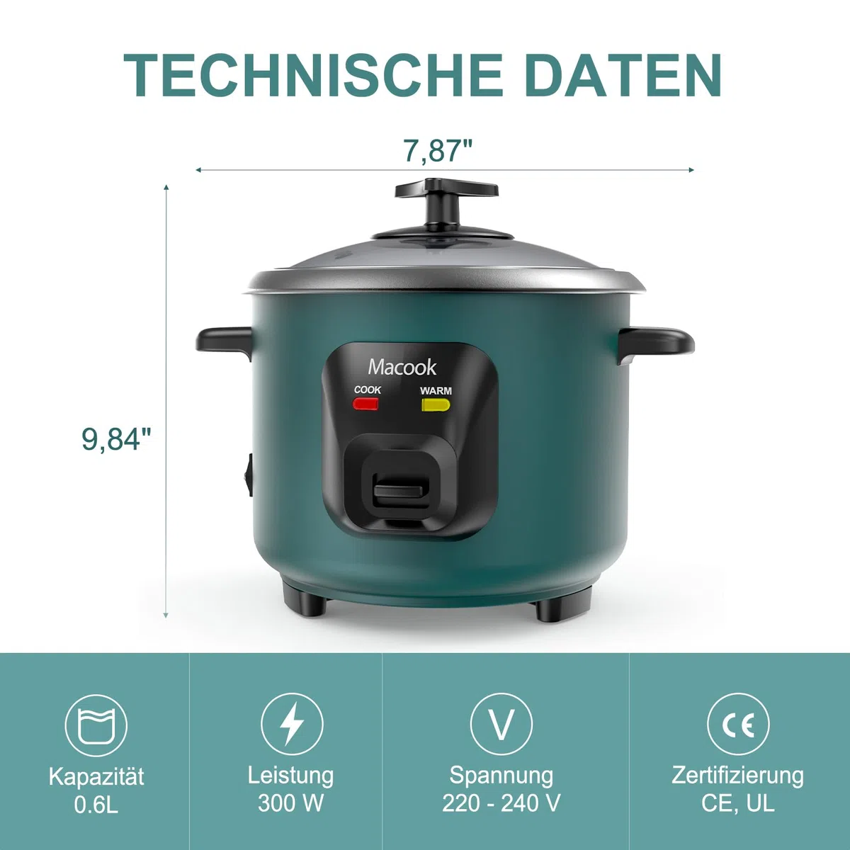 Macook Reiskocher（0,6 Liter, 3 Tassen) 300W - Reiskocher Klein für 1 bis 6 Personen, Antihaftbeschichtung, automatische Warmhaltefunktion, Anti-Trockenbrenner-Funktion.