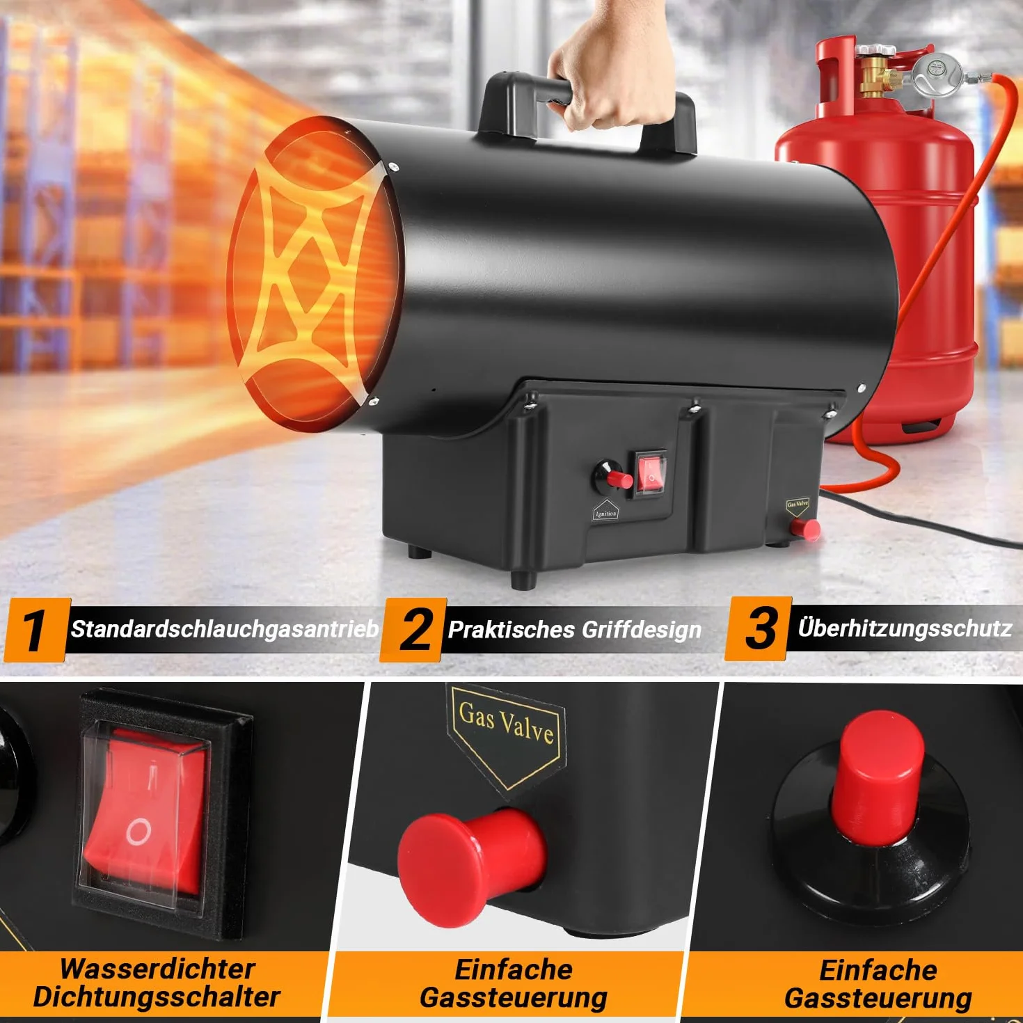Gasheizgebläse 15 kW Gas Heizgerät inkl Verbindungschlauch und Gasdruckregler 700mbar, Wirksame Fläche: 225m²,für Baustellen, belüfteten Lagerräumen, Garagen usw