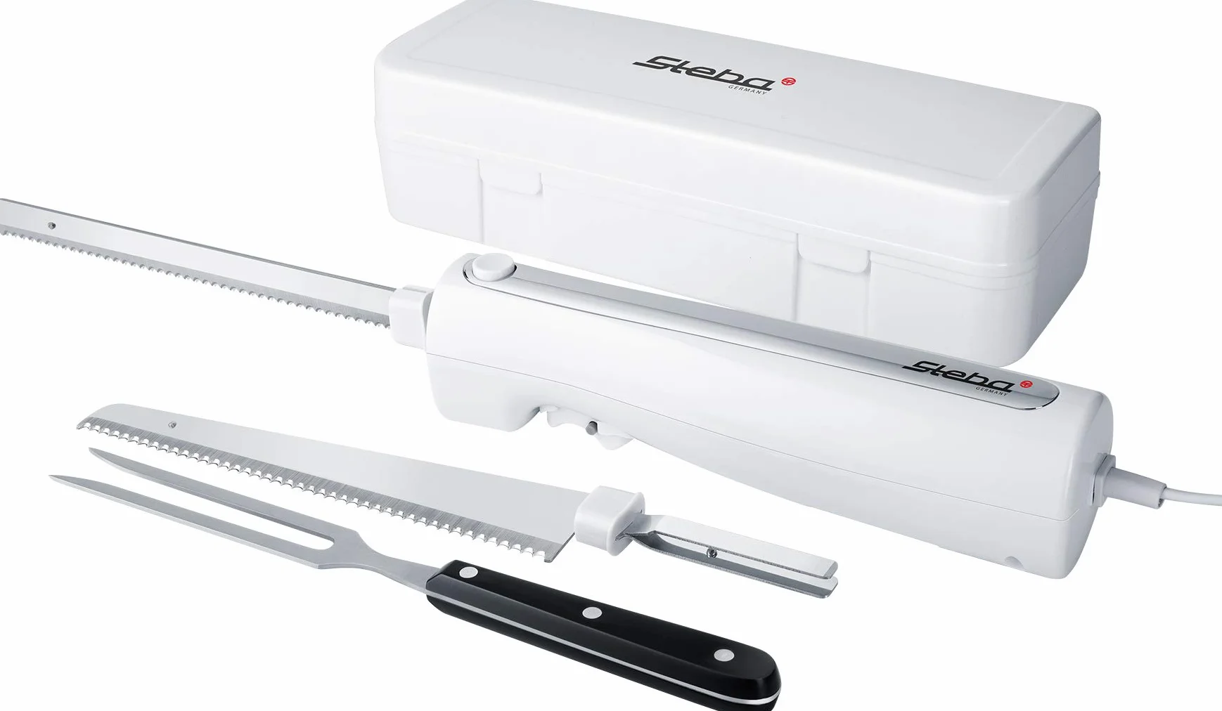 Steba EM 3 Elektromesser, ergonomisches Gehäuse | inkl. Universalmesser & Brotmesser, Aufbewahrungsbox, Edelstahl-Fleischgabel, komfortable Bedienung