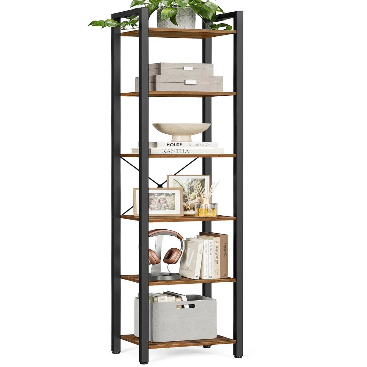 VASAGLE Regal, Bücherregal, Standregal, DVD-Regal, mit 6 Ebenen, Büroregal, offene Ablagen, für Büro, Wohnzimmer, Schlafzimmer, Küche, 30 x 40 x 186 cm, vintagebraun-tintenschwarz LLS101B01