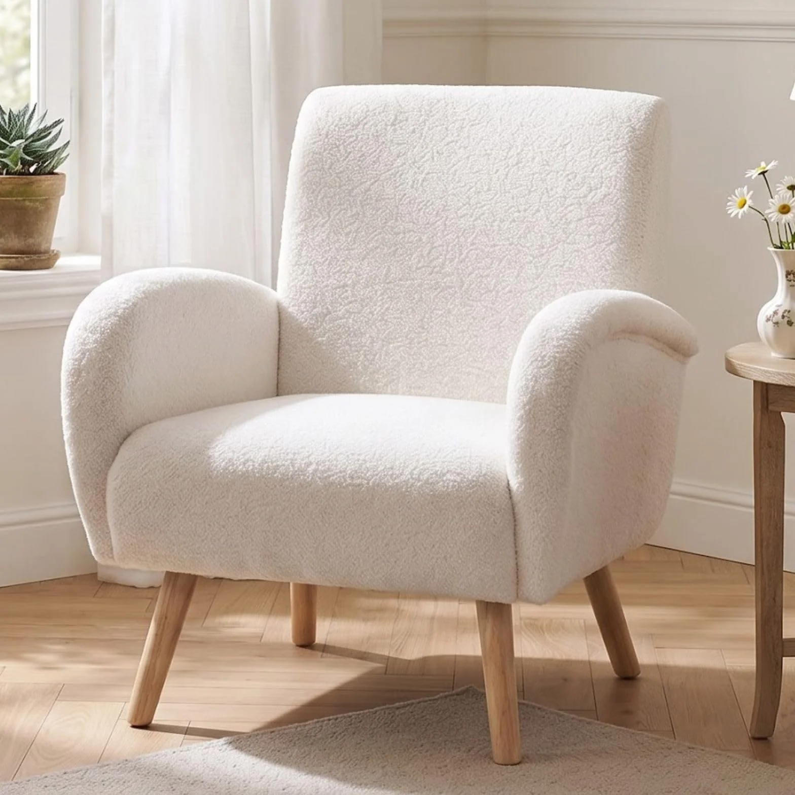 chairus Kunstfell Loungesessel Ohrensessel für Wohnzimmer Polstersessel Einzelsofa für Schlafzimmer Akzentstuhl Relaxsessel mit Holzbeinen (Weiß)