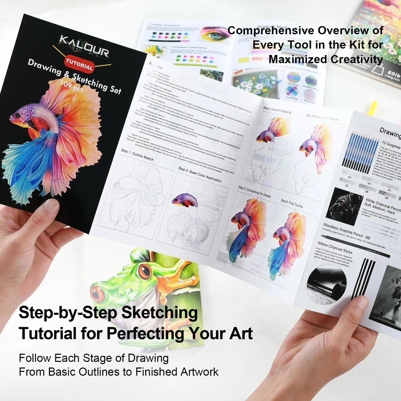 KALOUR PDAS 109 Zeichen Set Skizzenset, Pro Kunstbedarf mit Neon-, Farbstiften, Aquarell-, Metallic-, Graphit- und Kohlepenseln, 6 Skizzenbüchern und Malbuch, Geschenk für Erwachsene, Teenager