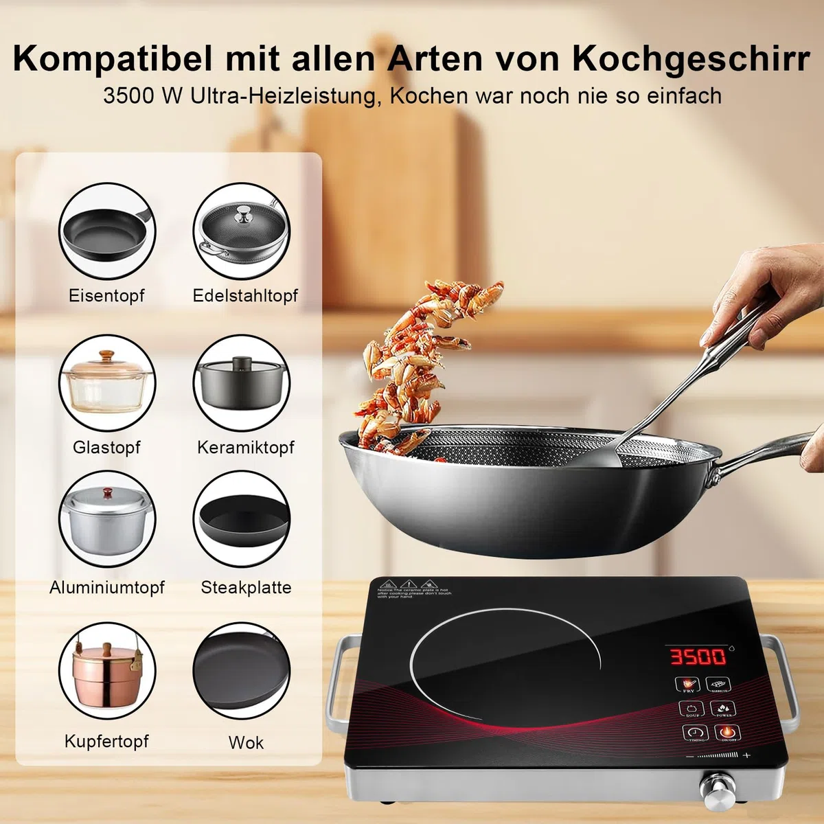 Glaskeramikkochfeld mit Stecker, 220V 3500W Tragbares Kochfeld mit Griff, Einzelbrenner Elektrokochfeld, Touch Steuerung Kochfelder mit 4 Modi, 0-180 Min Timer, Überhitzungsschutz